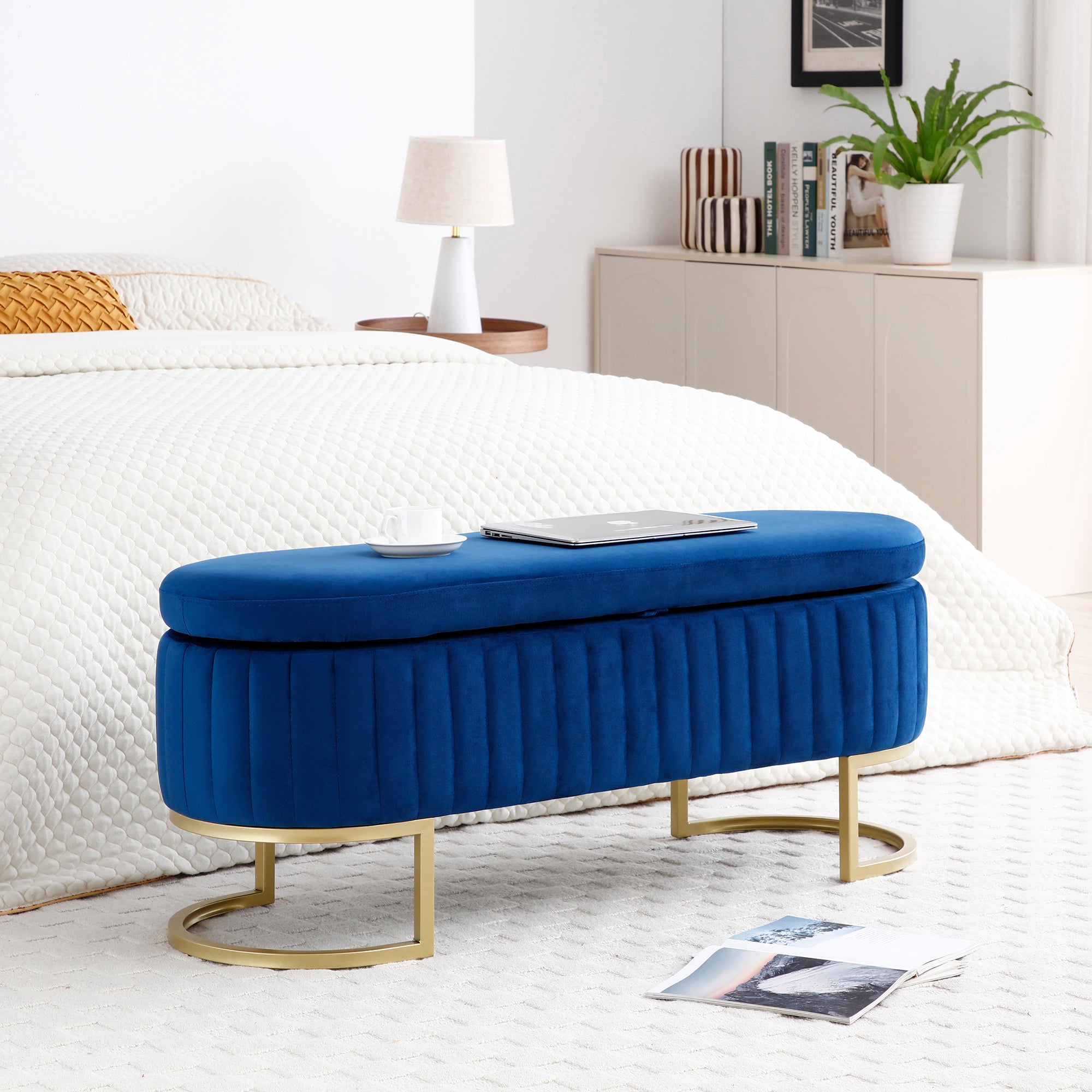 Yosemite 50” Velvet Blue Storage Ottoman Bench