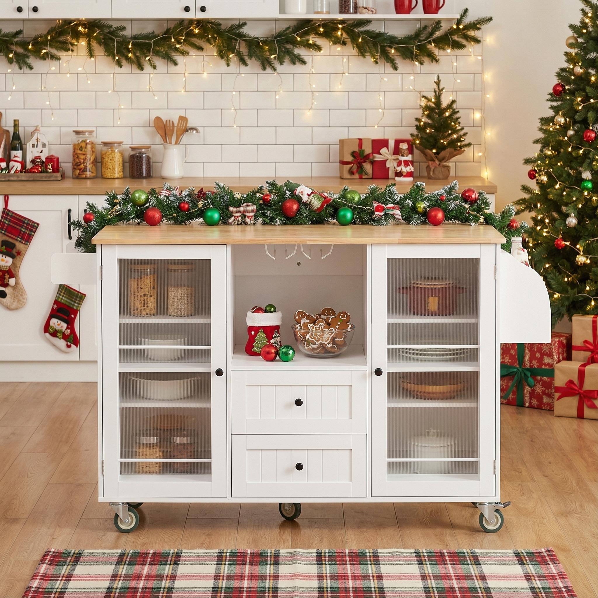 Luzon Mobile Kitchen Island Storage Cart with Drop Leaf Top and Glass Cabinets