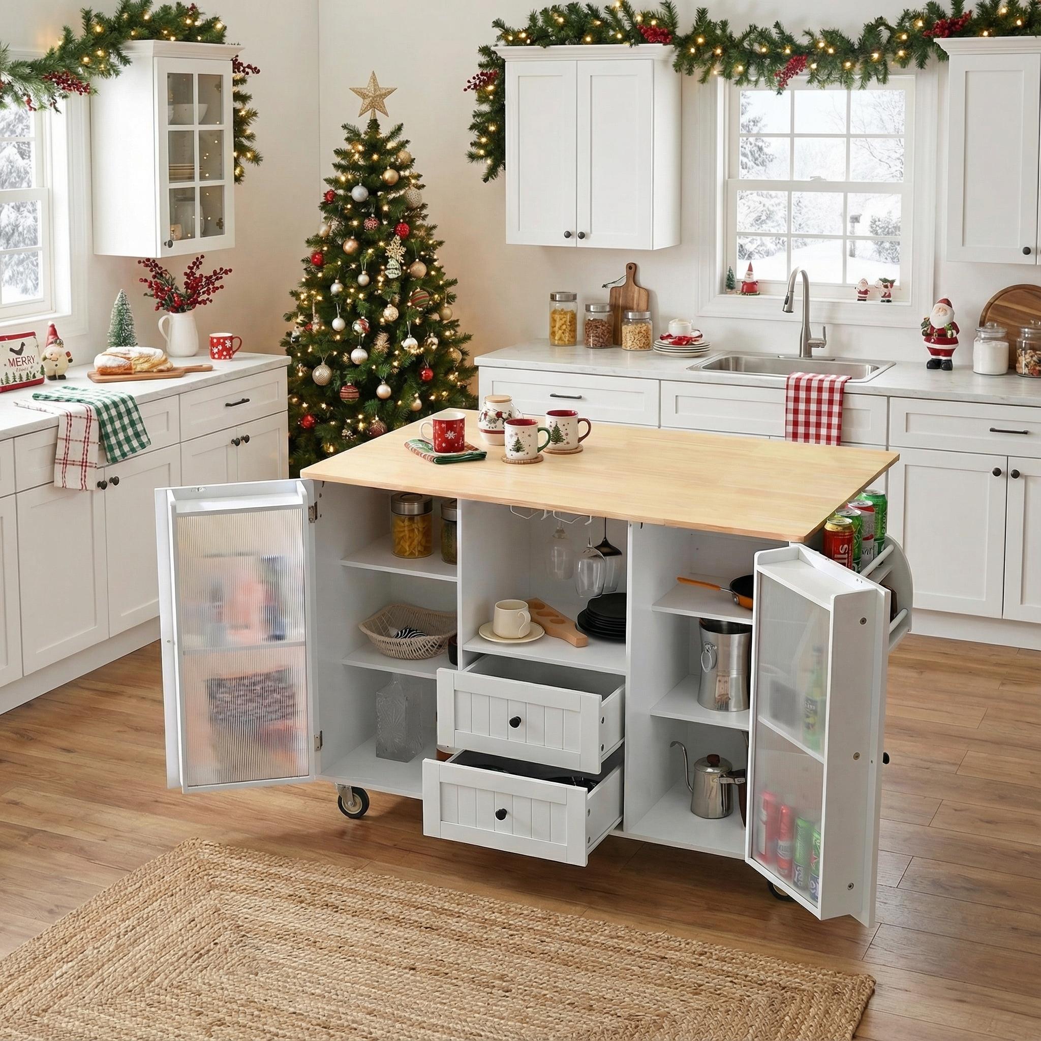 Luzon Mobile Kitchen Island Storage Cart with Drop Leaf Top and Glass Cabinets