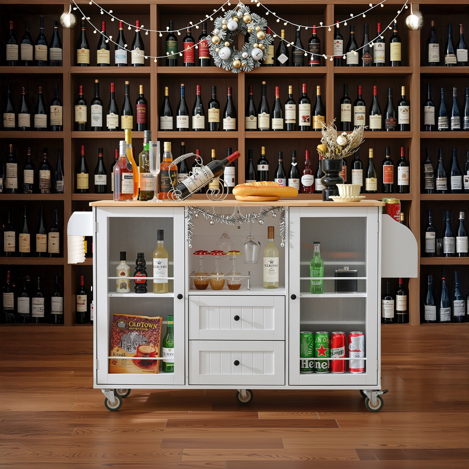 Luzon Mobile Kitchen Island Storage Cart with Drop Leaf Top and Glass Cabinets