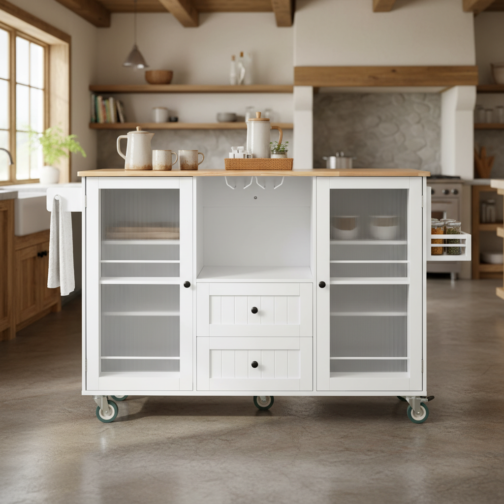 Luzon Mobile Kitchen Island Storage Cart with Drop Leaf Top and Glass Cabinets