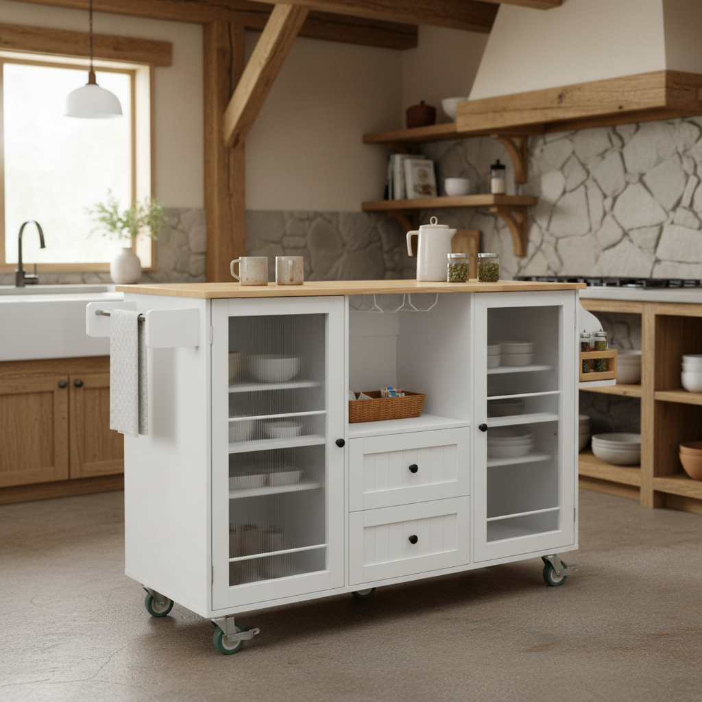 Luzon Mobile Kitchen Island Storage Cart with Drop Leaf Top and Glass Cabinets
