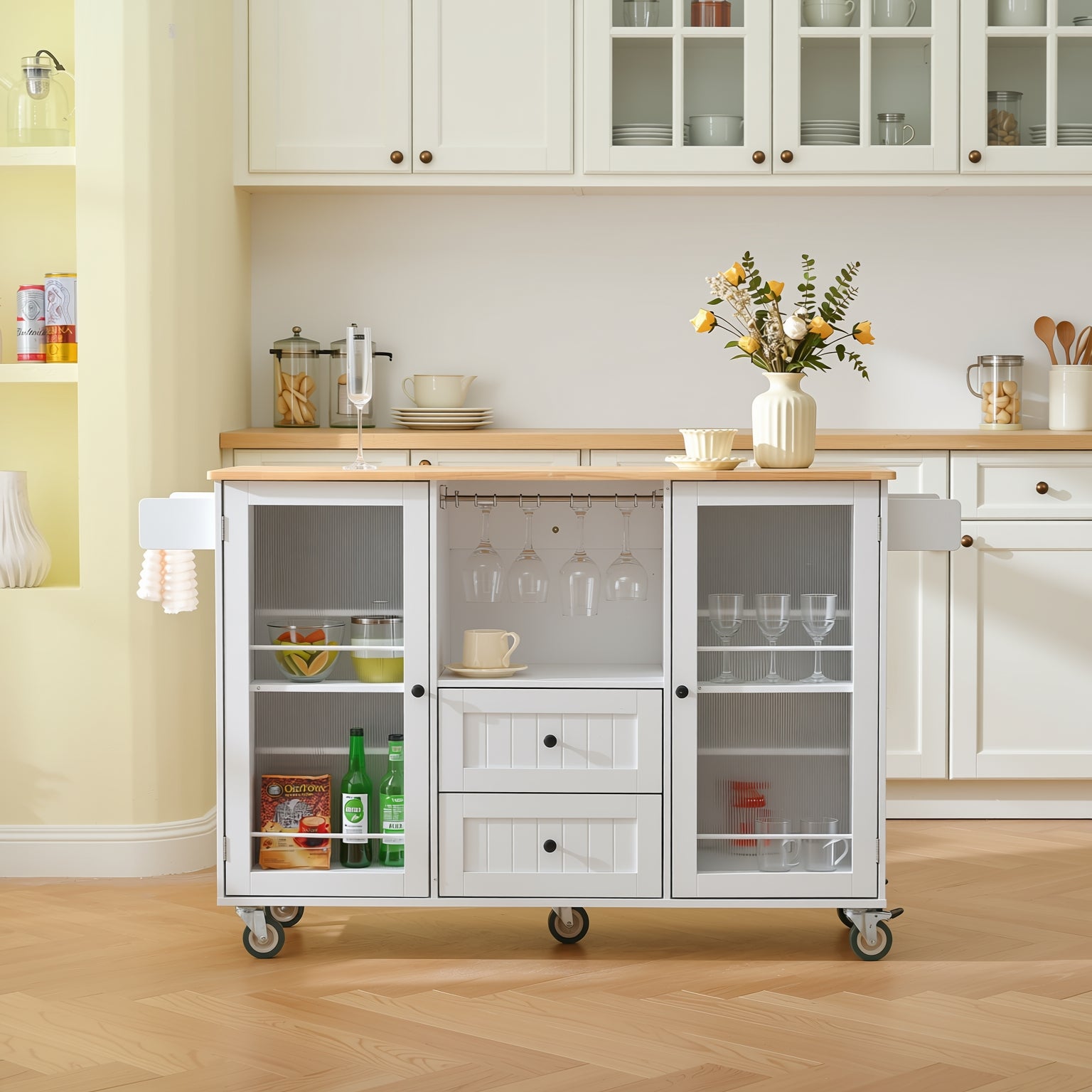 Luzon Mobile Kitchen Island Storage Cart with Drop Leaf Top and Glass Cabinets