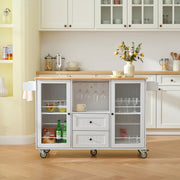 Luzon Mobile Kitchen Island Storage Cart with Drop Leaf Top and Glass Cabinets