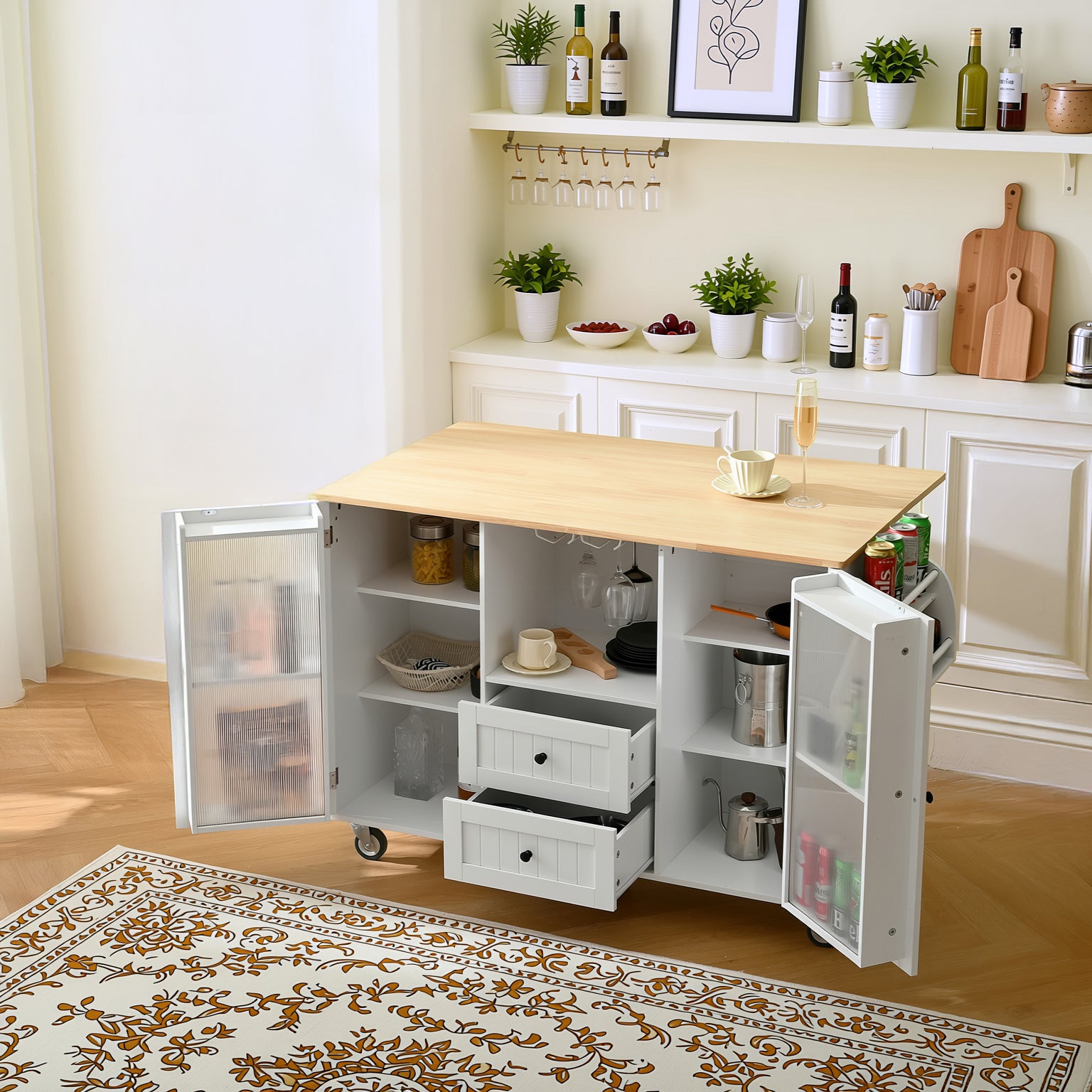 Luzon Mobile Kitchen Island Storage Cart with Drop Leaf Top and Glass Cabinets