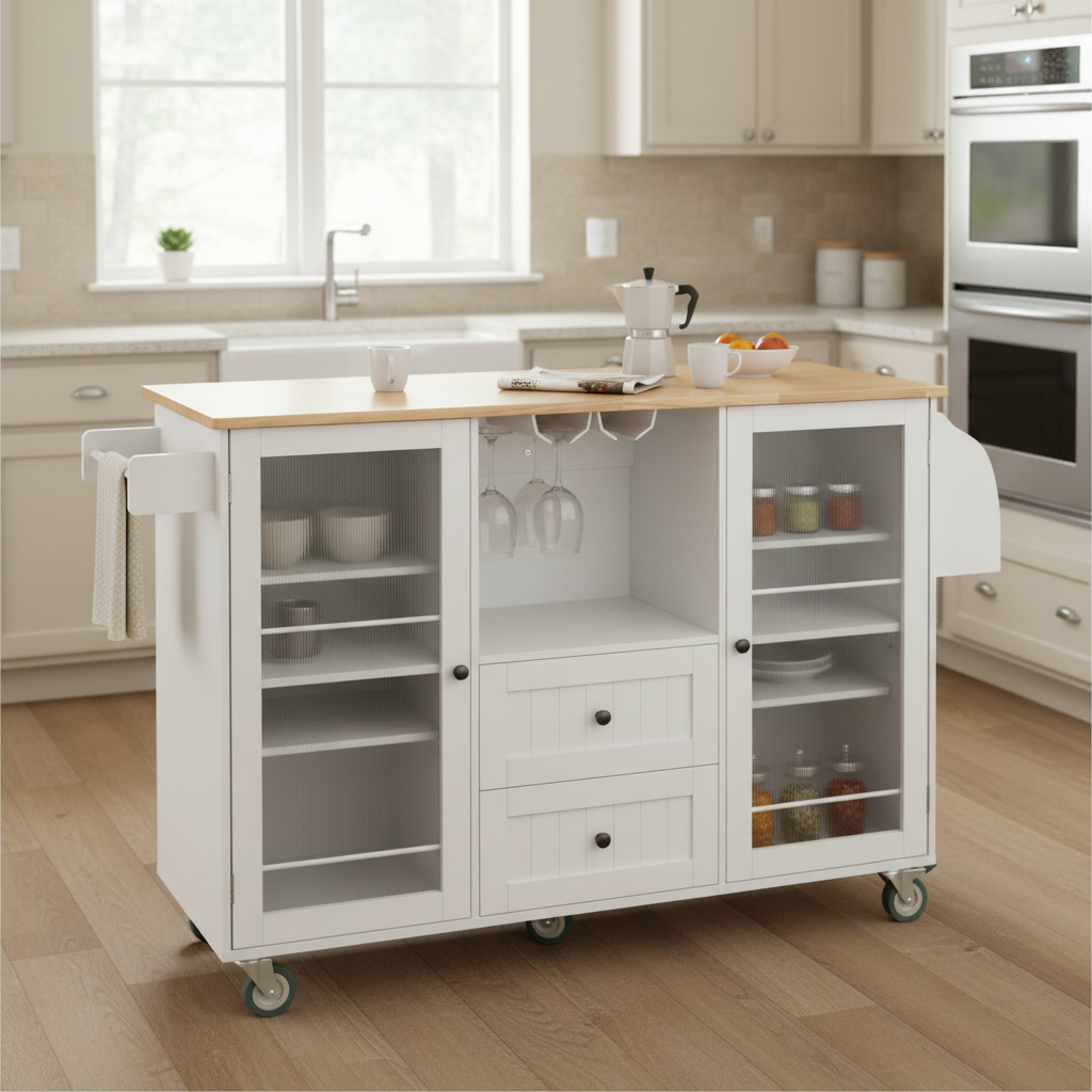 Luzon Mobile Kitchen Island Storage Cart with Drop Leaf Top and Glass Cabinets