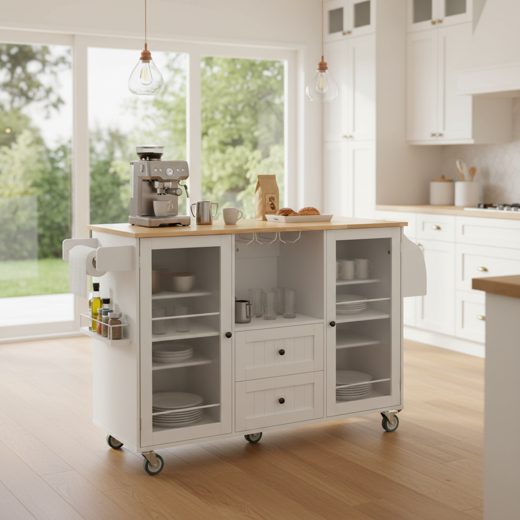 Luzon Mobile Kitchen Island Storage Cart with Drop Leaf Top and Glass Cabinets