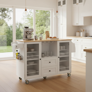 Luzon Mobile Kitchen Island Storage Cart with Drop Leaf Top and Glass Cabinets