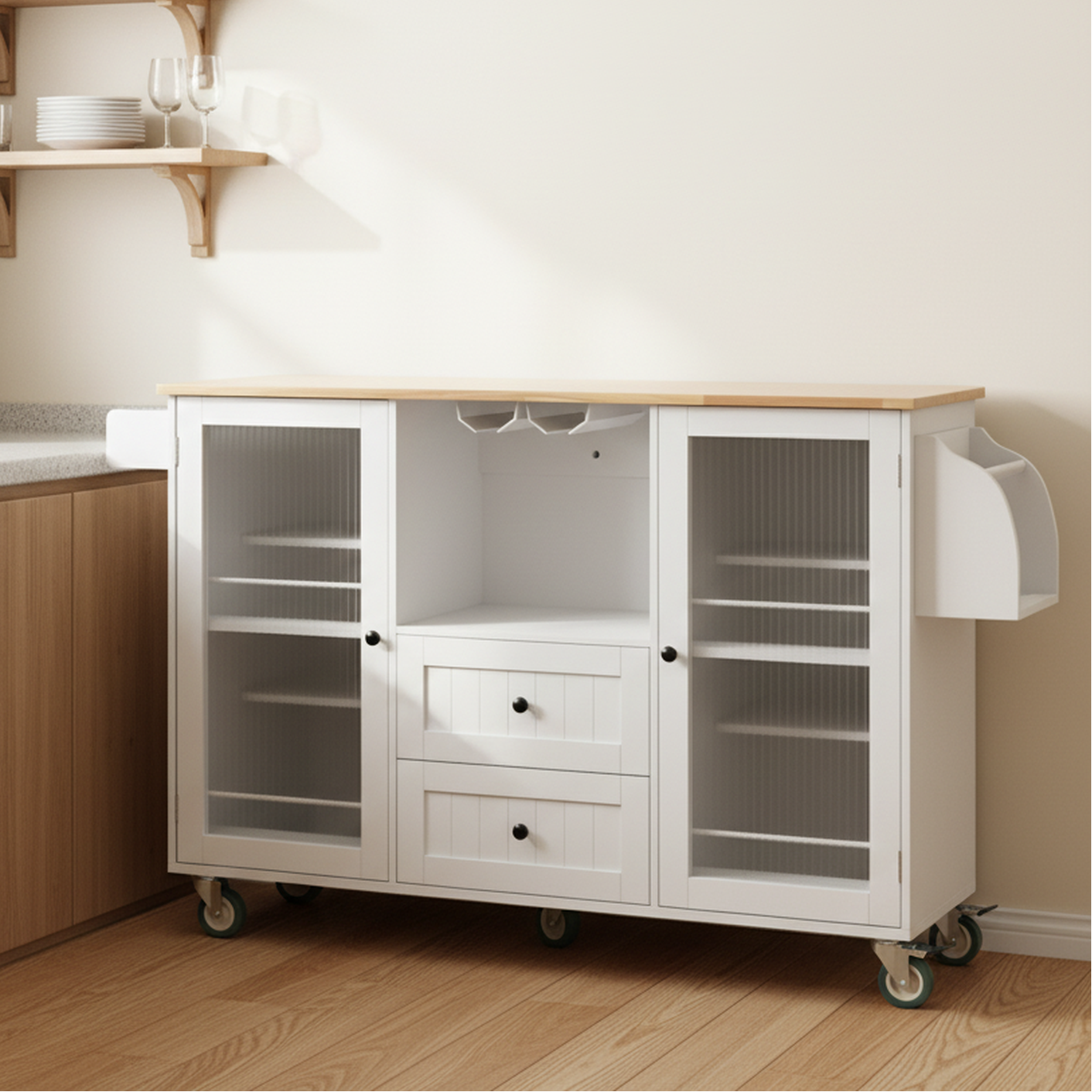 Luzon Mobile Kitchen Island Storage Cart with Drop Leaf Top and Glass Cabinets