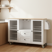 Luzon Mobile Kitchen Island Storage Cart with Drop Leaf Top and Glass Cabinets