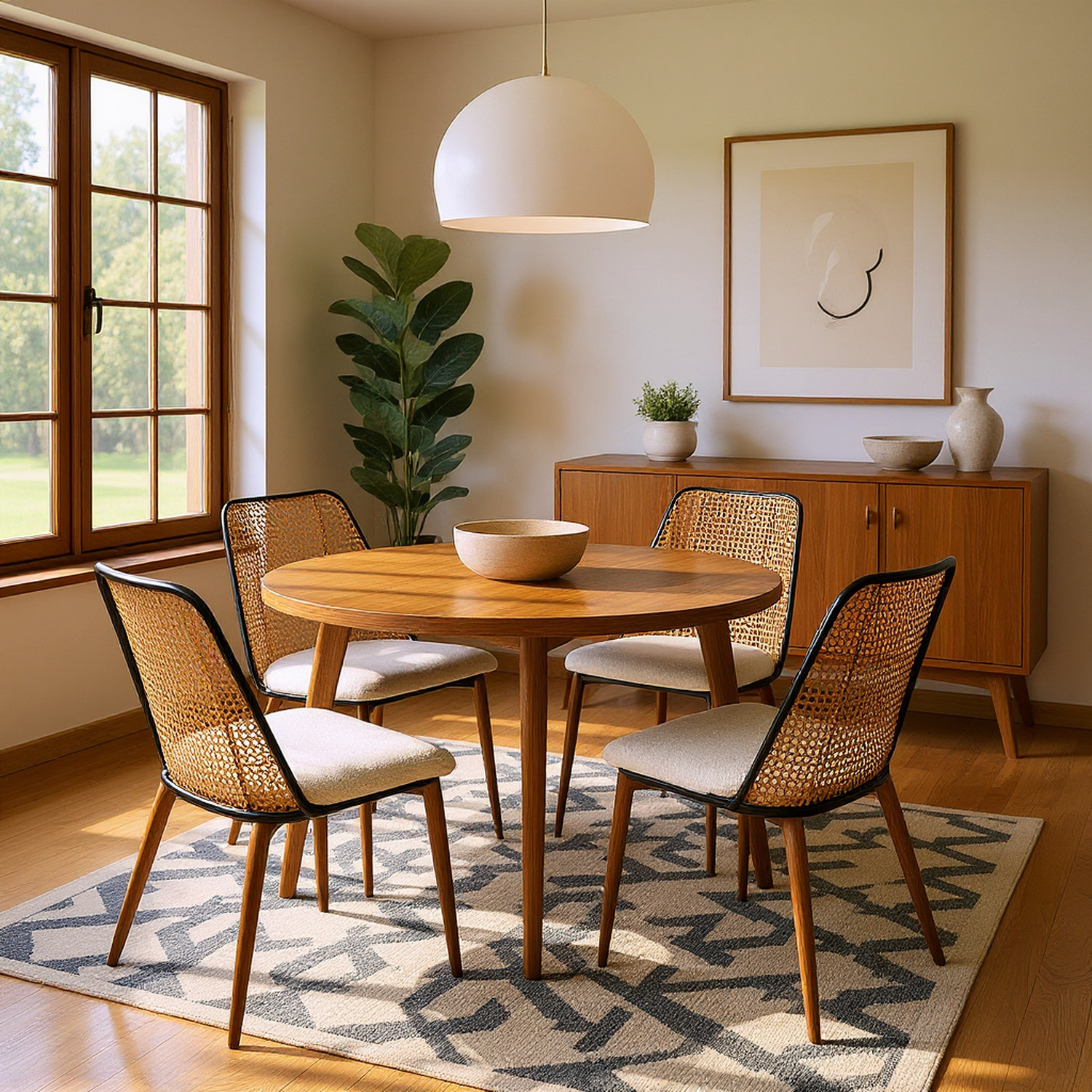 Como Boucle Upholstered Rattan Dining Chair Set of 4