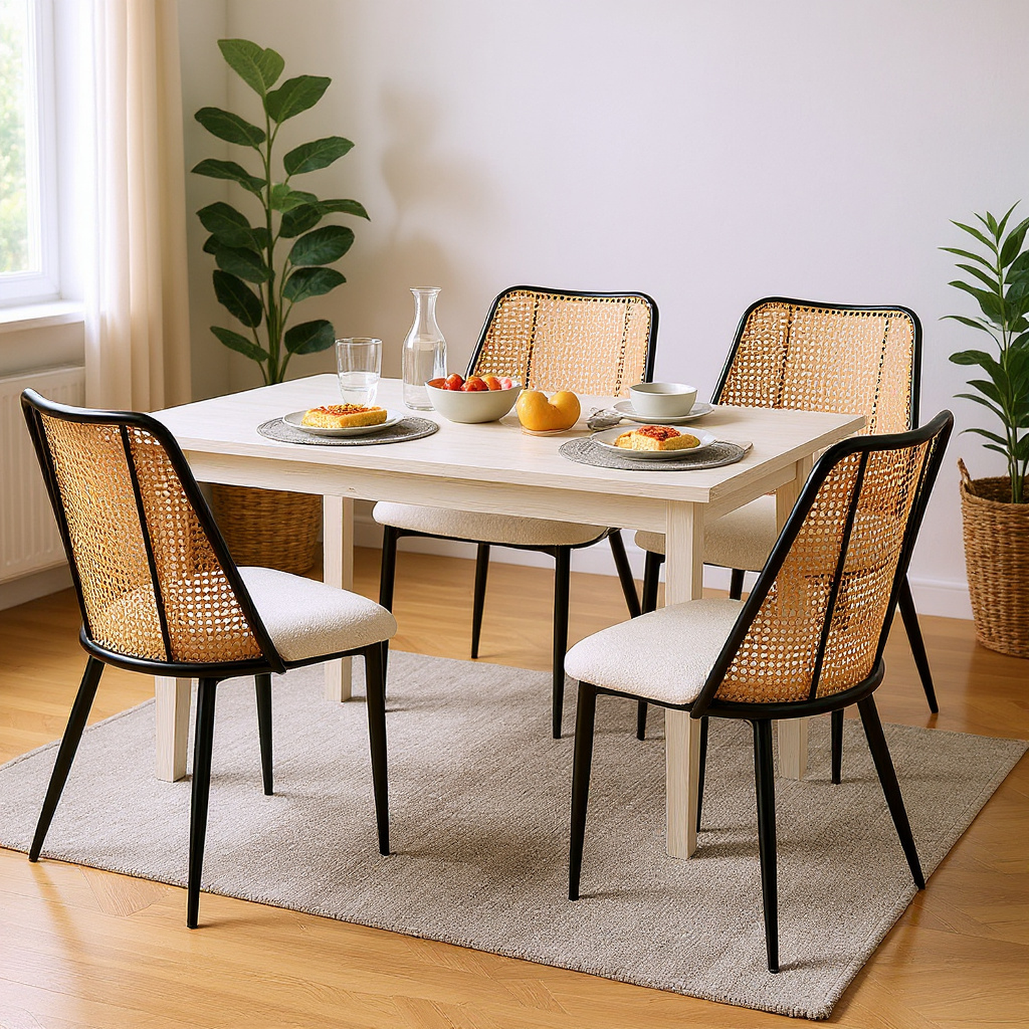 Como Boucle Upholstered Rattan Dining Chair Set of 4