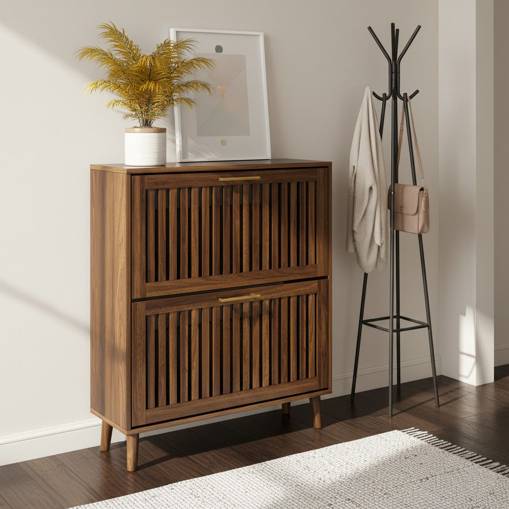 Homy Casa Seoul 31.5" Walnut Farmhouse Shoe Storage Cabinet with 2 Flip Drawers