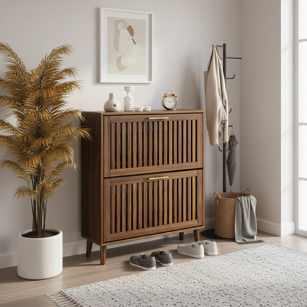 Seoul 31.5" Walnut Modern Shoe Storage Cabinet with 2 Flip Drawers
