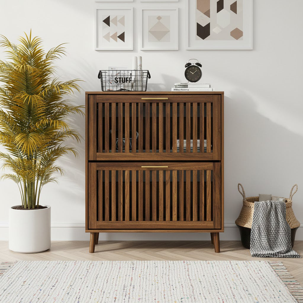 Homy Casa Seoul 31.5" Walnut Farmhouse Shoe Storage Cabinet with 2 Flip Drawers