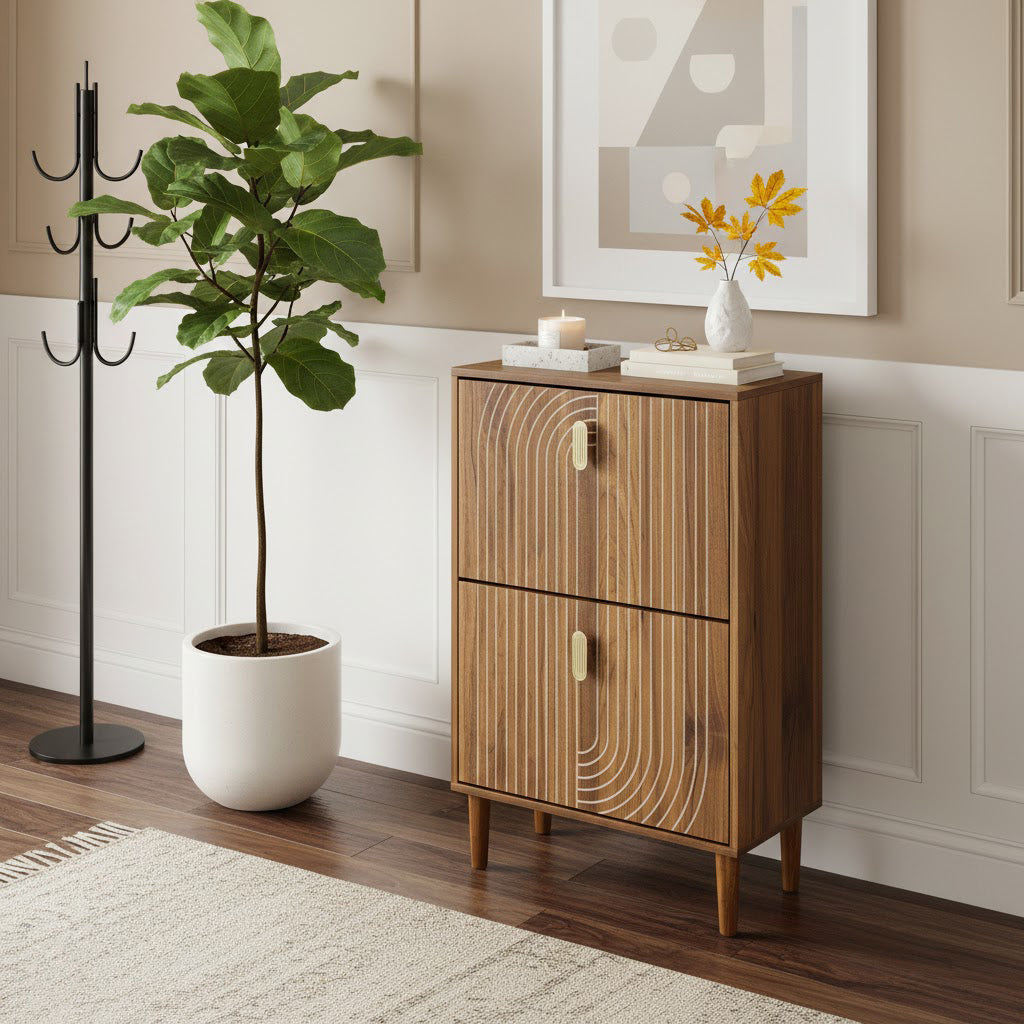Ghent 23" Walnut Shoe Storage Cabinet with 2 Flip Drawers in Carved Line Design