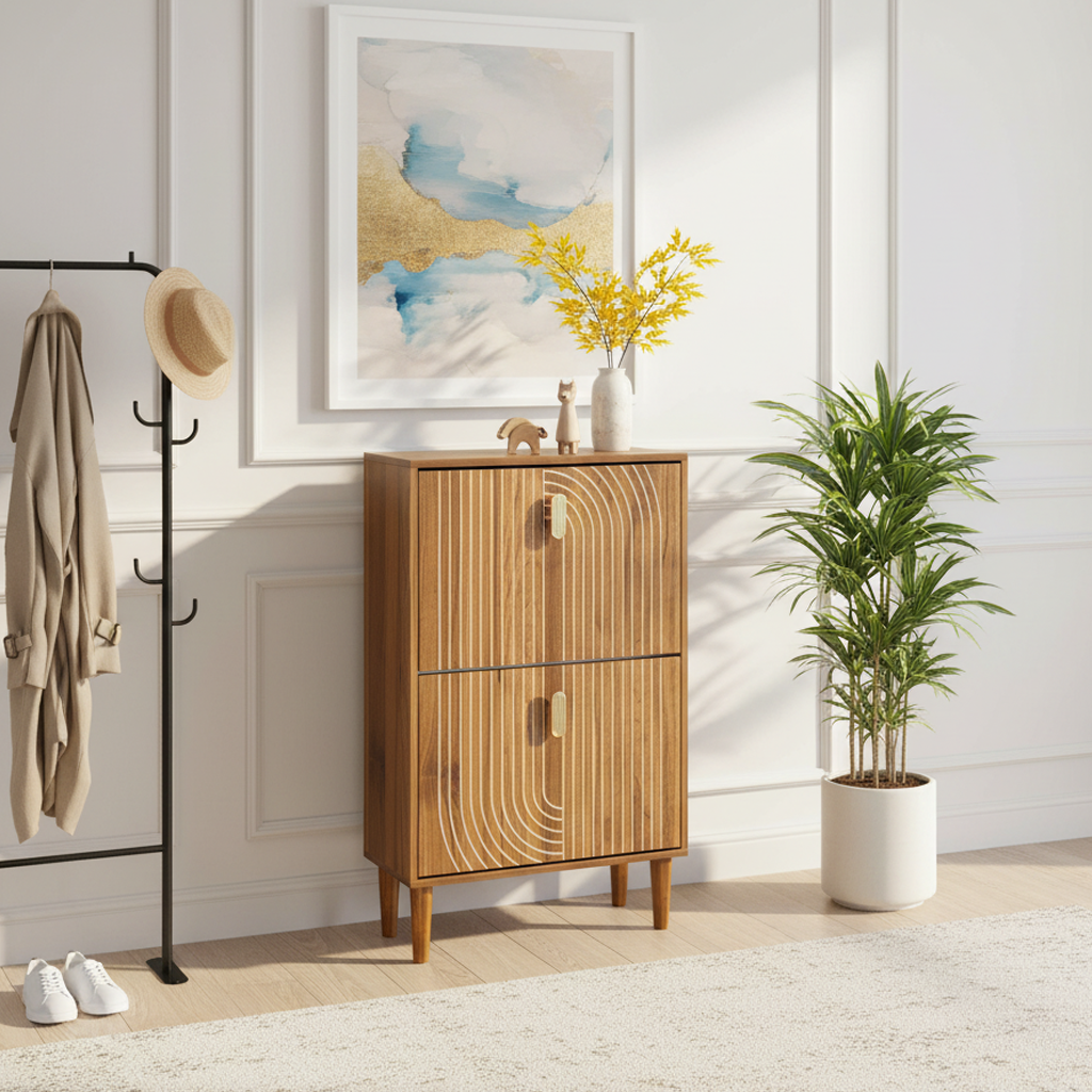 Ghent 23" Walnut Modern Shoe Storage Cabinet with 2 Flip Drawers