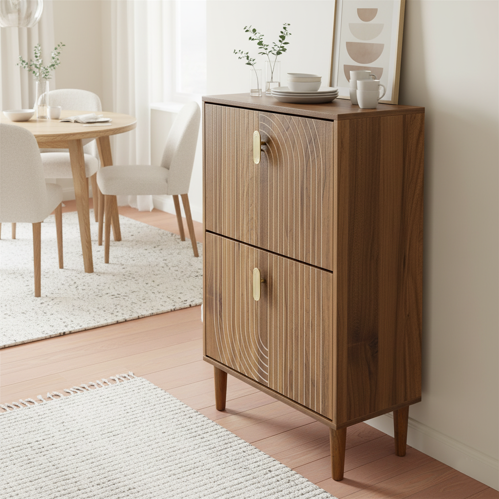 Ghent 23" Walnut Shoe Storage Cabinet with 2 Flip Drawers in Carved Line Design