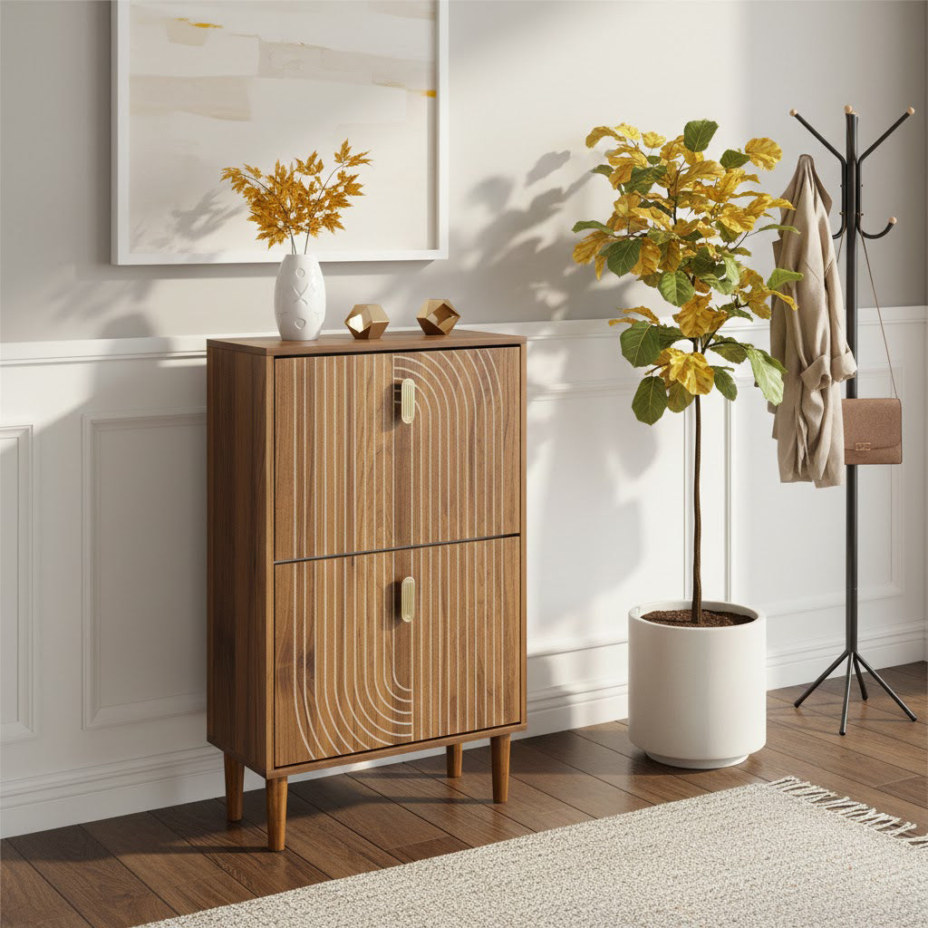 Ghent 23" Walnut Shoe Storage Cabinet with 2 Flip Drawers in Carved Line Design
