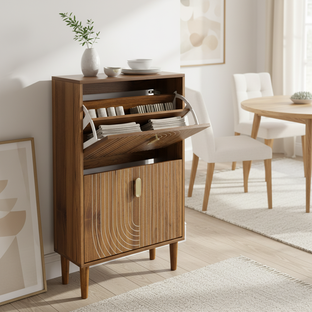 Ghent 23" Walnut Modern Shoe Storage Cabinet with 2 Flip Drawers