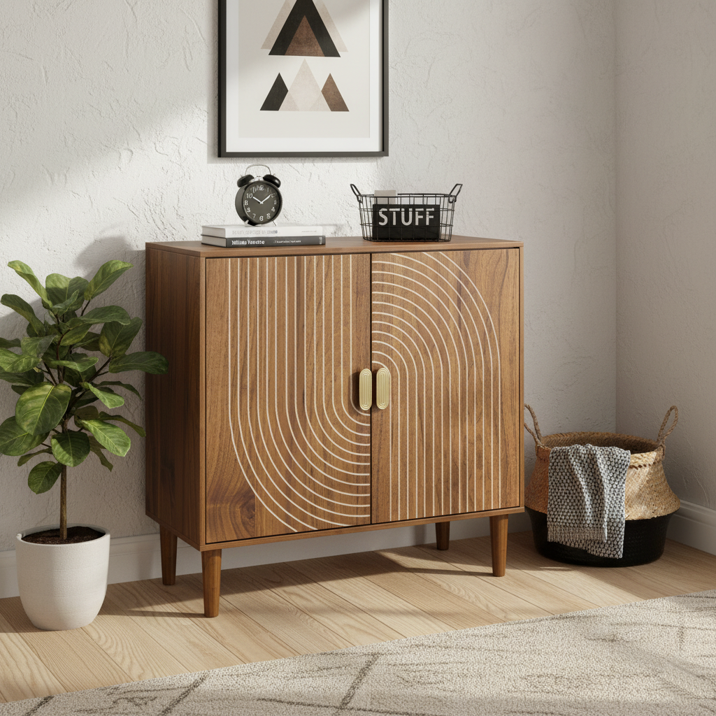 Ghent 31.3” Walnut Buffet Storage Cabinet with 2 Doors in Carved Line Design