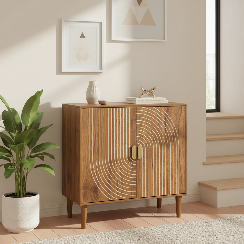 Ghent 31.3” Walnut Buffet Storage Cabinet with 2 Doors in Carved Line Design