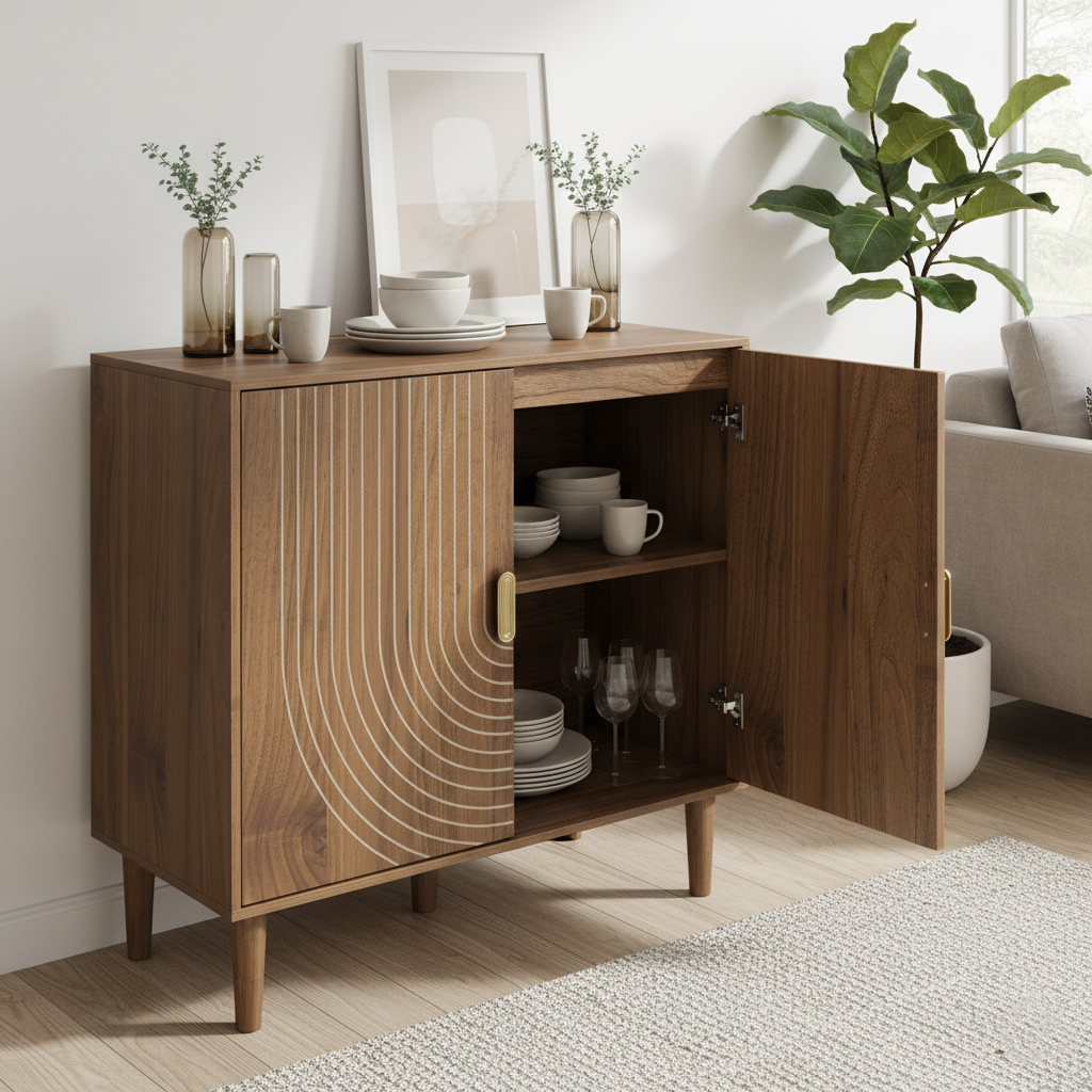 Ghent Walnut Modern Buffet Storage Cabinet with Carved Line Design