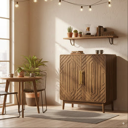 Granada 31.5" Narrow Sideboard Storage Cabinet with Sculpted Carved Doors, Warm Walnut Finish