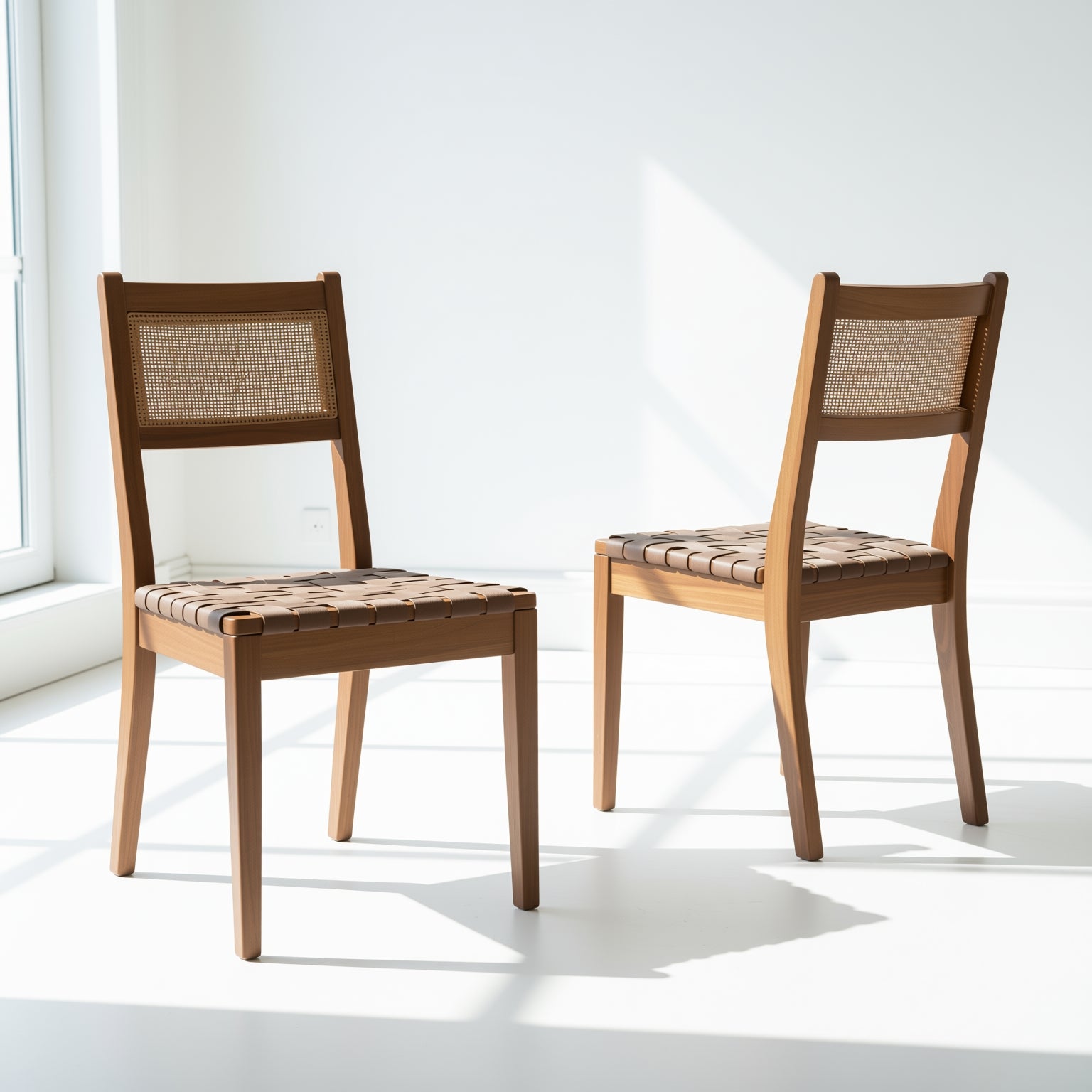 Tagus Modern Rattan Leather Woven Strips Dining Chair Set of 2