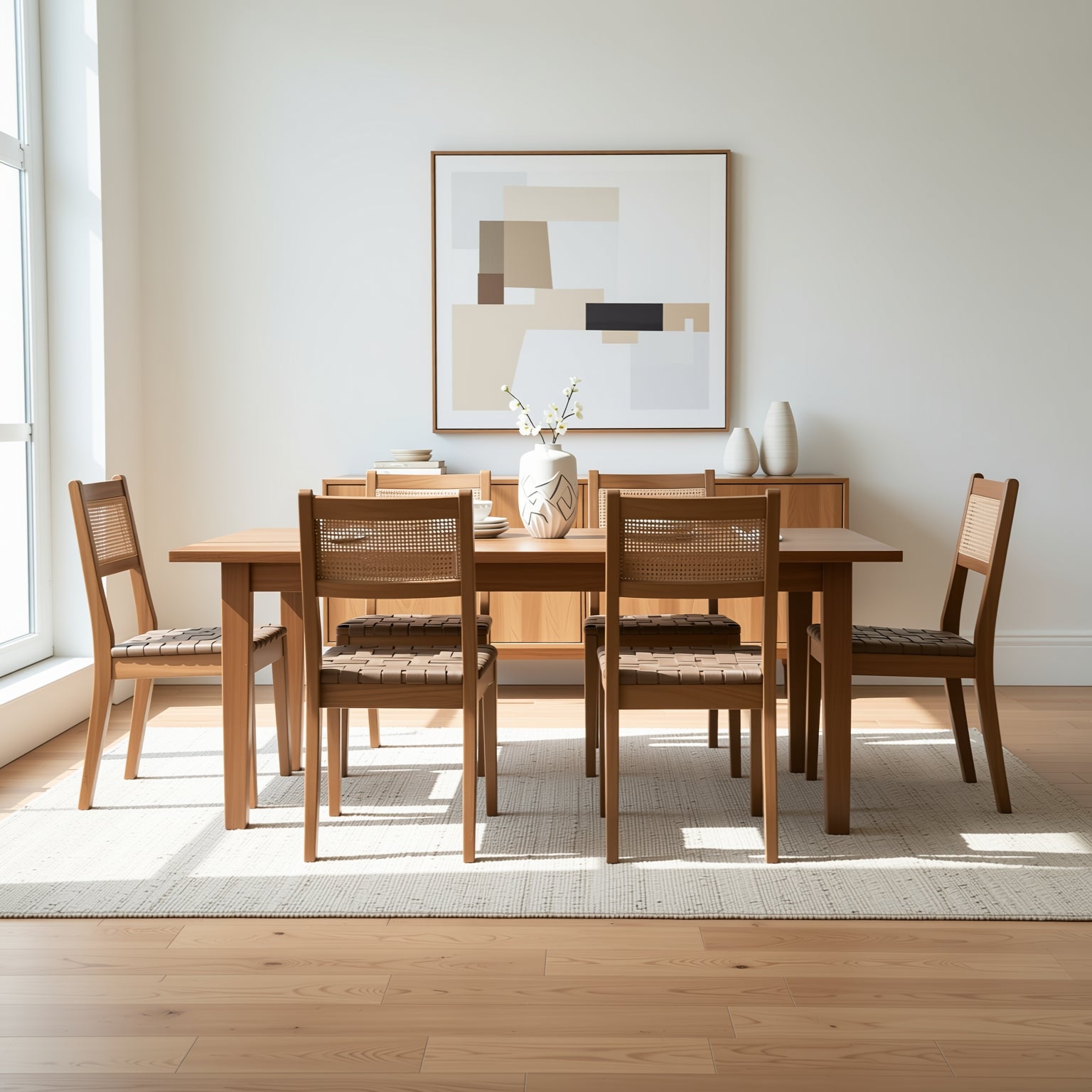 Tagus Modern Rattan Leather Woven Strips Dining Chair Set of 2