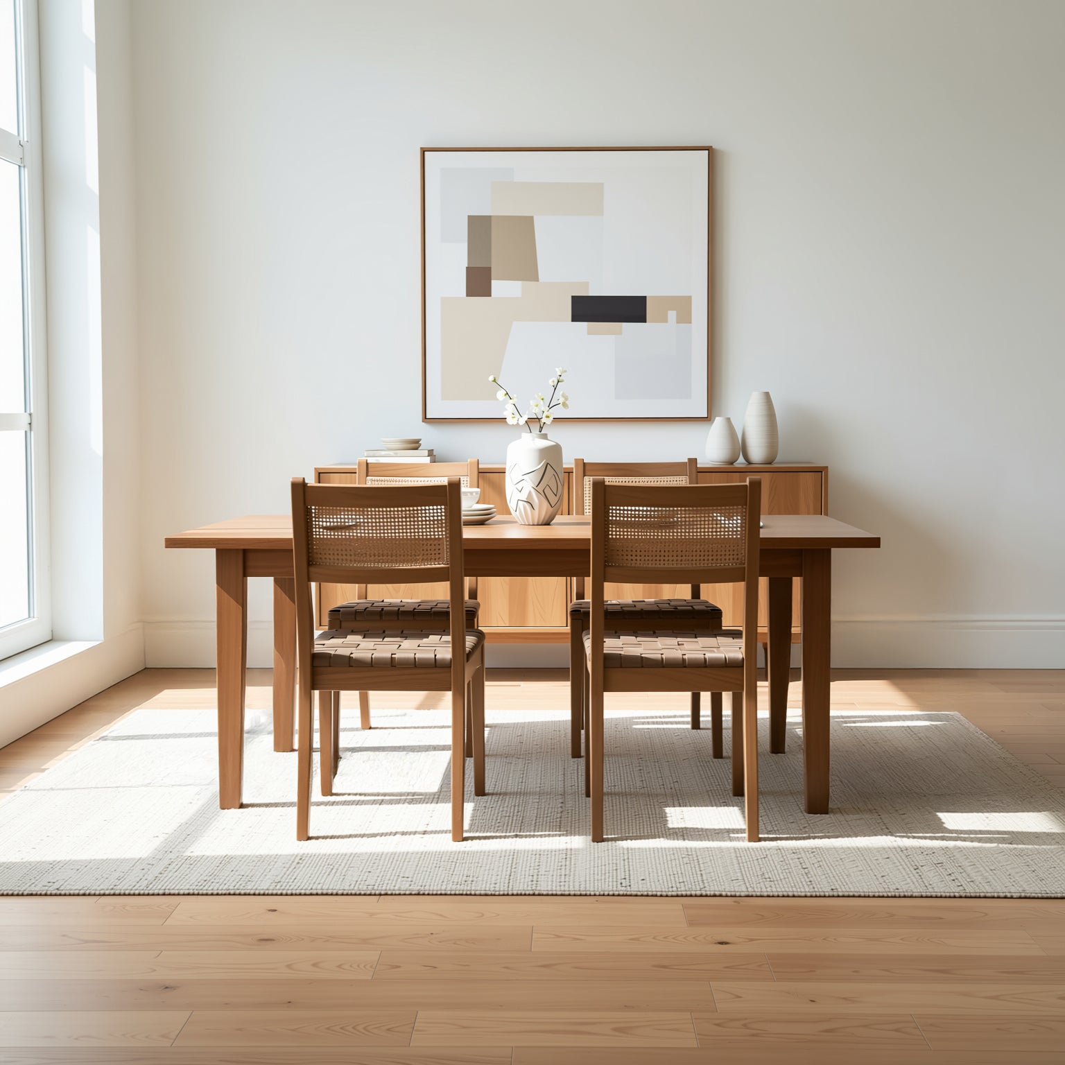 Tagus Modern Rattan Leather Woven Strips Dining Chair Set of 2