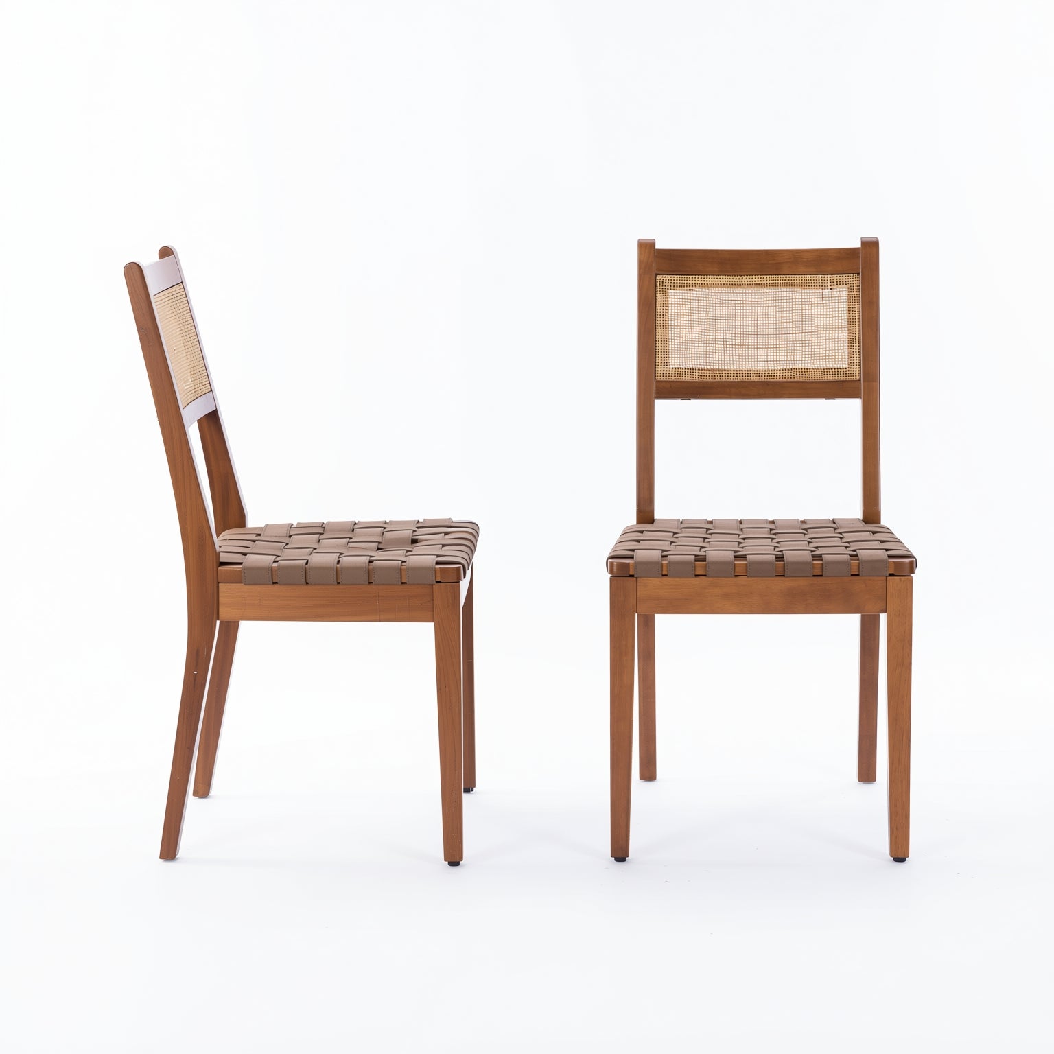 Tagus Modern Rattan Leather Woven Strips Dining Chair Set of 2