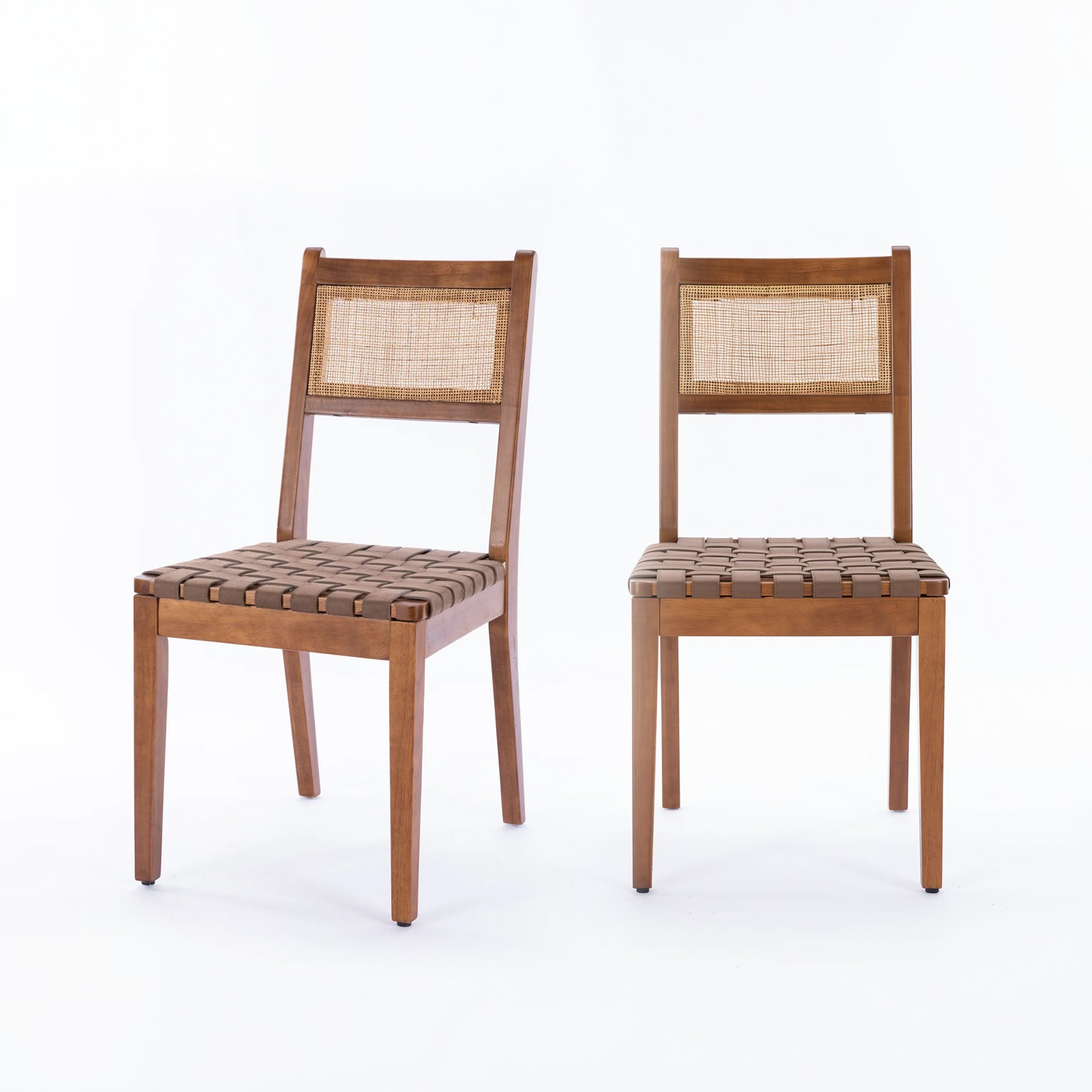 Tagus Modern Rattan Leather Woven Strips Dining Chair Set of 2