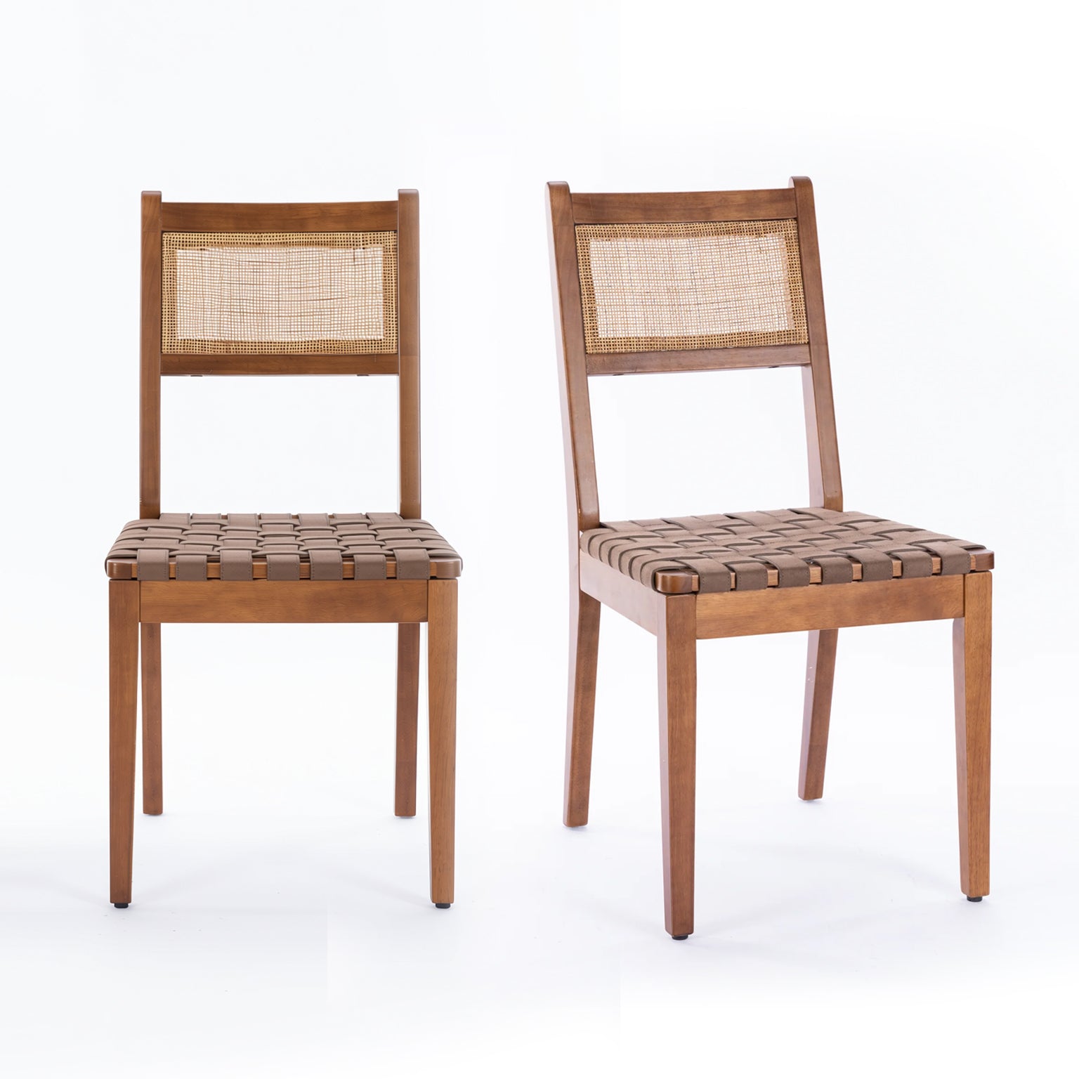 Tagus Modern Rattan Leather Woven Strips Dining Chair Set of 2