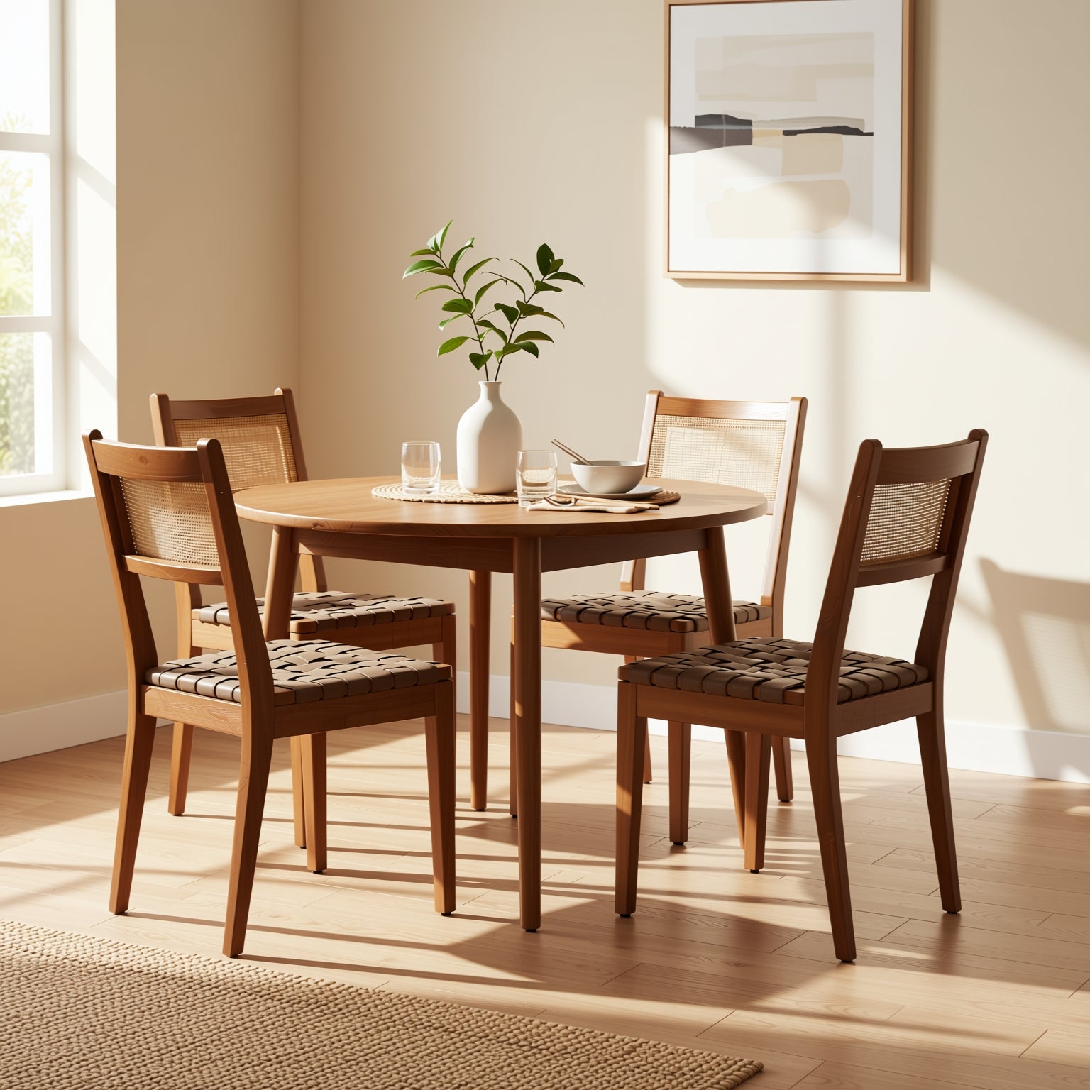 Tagus Modern Rattan Leather Woven Strips Dining Chair Set of 2