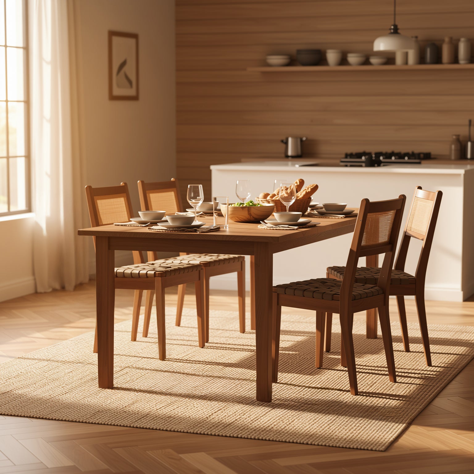 Tagus Modern Rattan Leather Woven Strips Dining Chair Set of 2