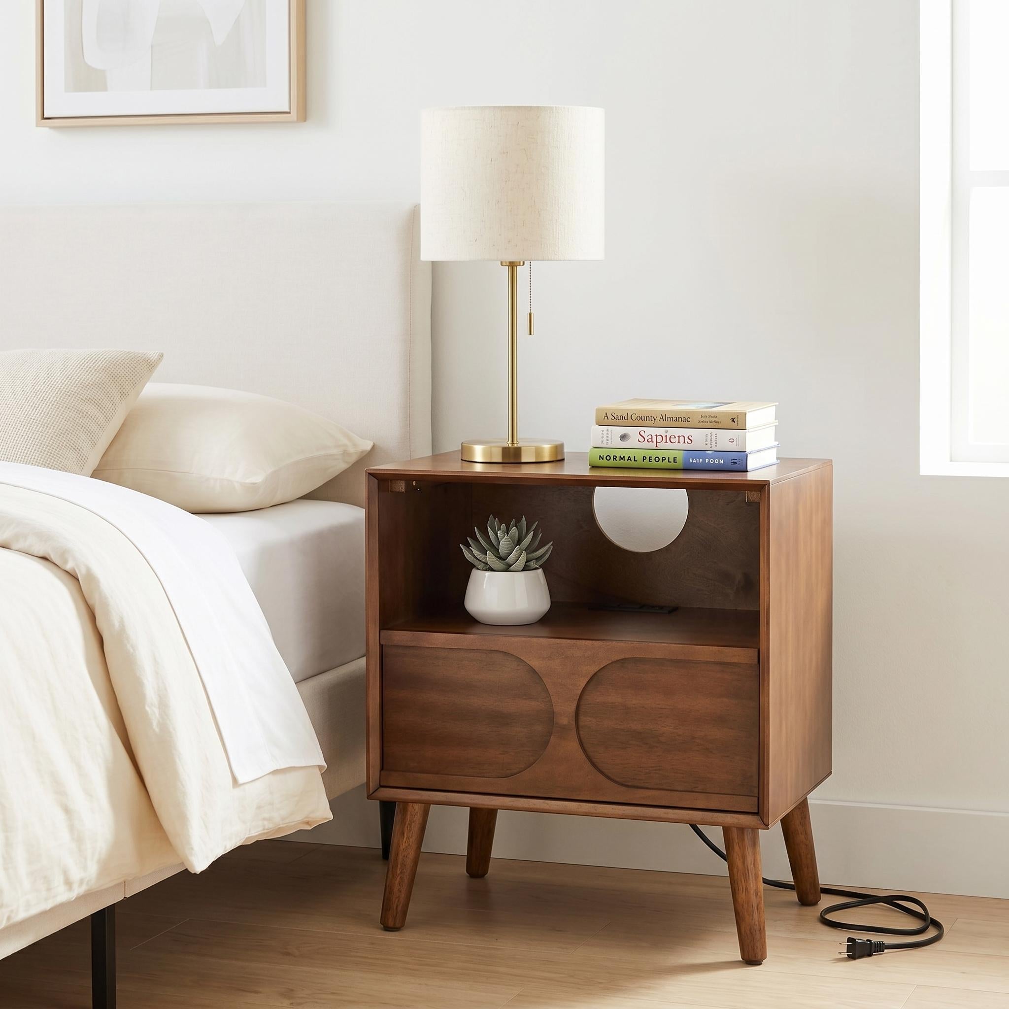 Homy Casa Mid Century Modern Fluted Nightstand with Charging Station 22.75" for Bedroom or Living Room Open Box
