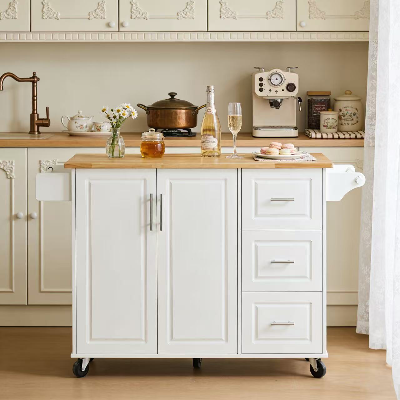 Sumatra 53" Rolling Kitchen Island with Solid Wood Countertop and Drop Leaf