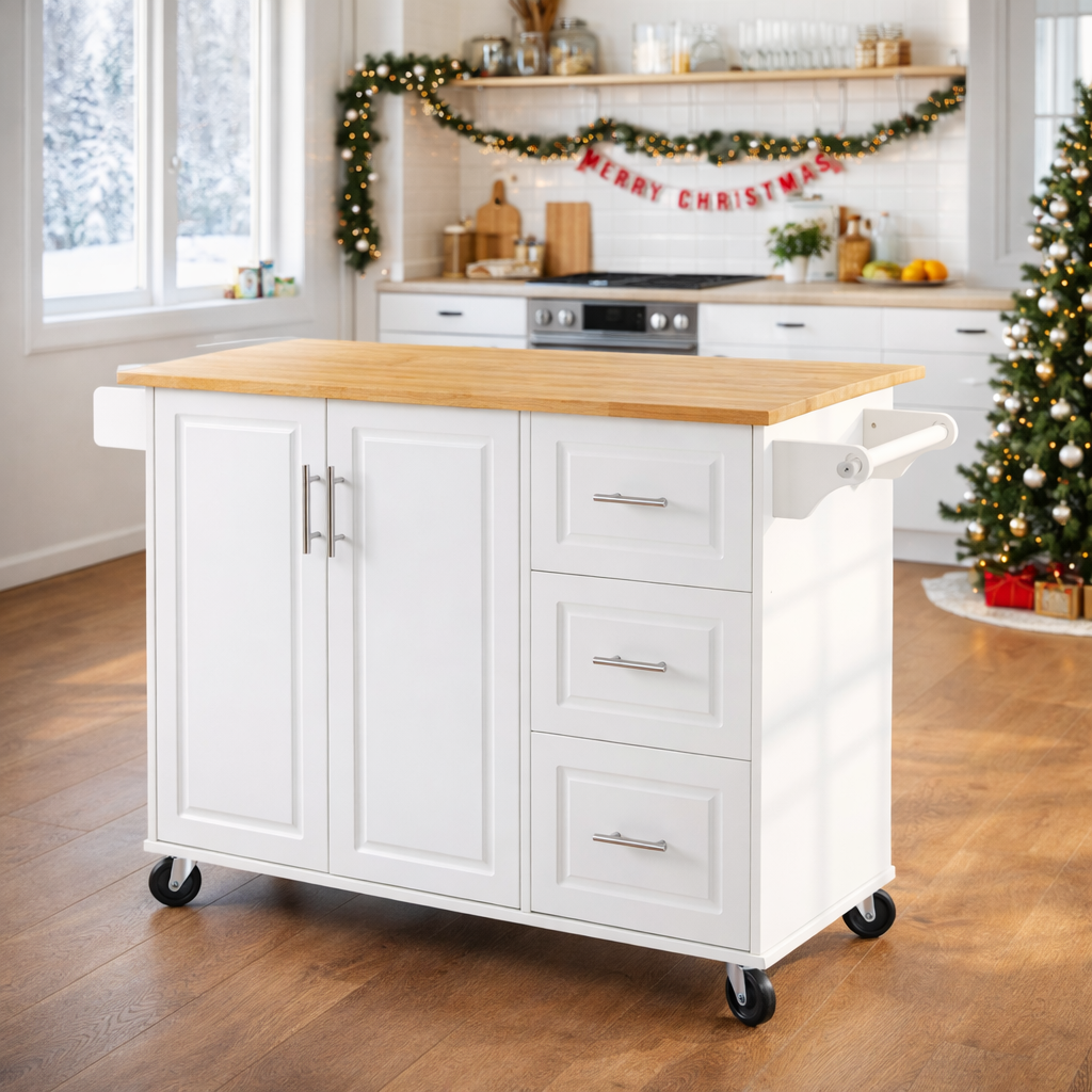 Sumatra 53" Rolling Kitchen Island with Solid Wood Countertop and Drop Leaf