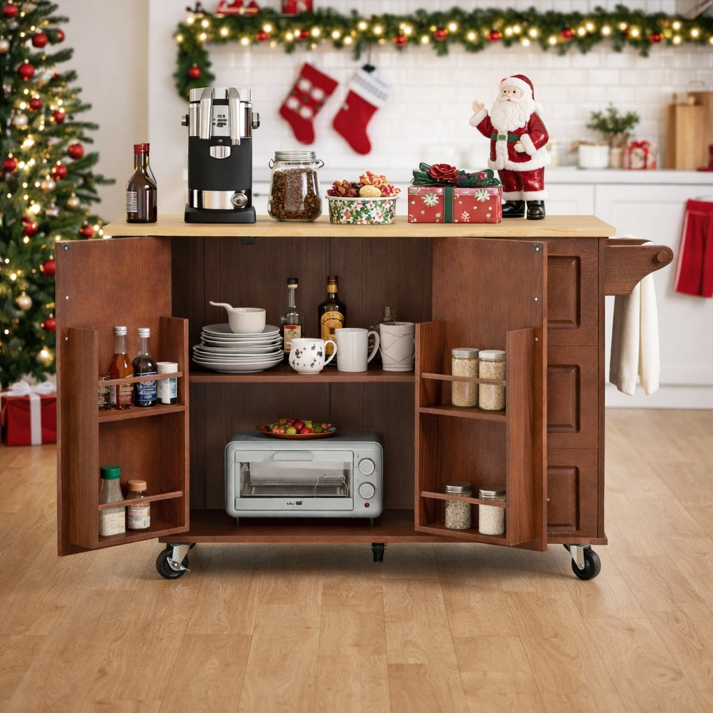 Sumatra 53" Rolling Kitchen Island with Solid Wood Countertop and Drop Leaf