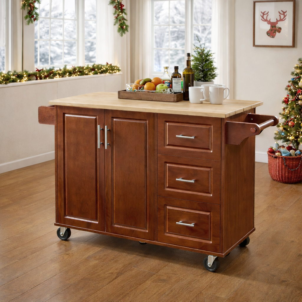 Sumatra 53" Rolling Kitchen Island with Solid Wood Countertop and Drop Leaf