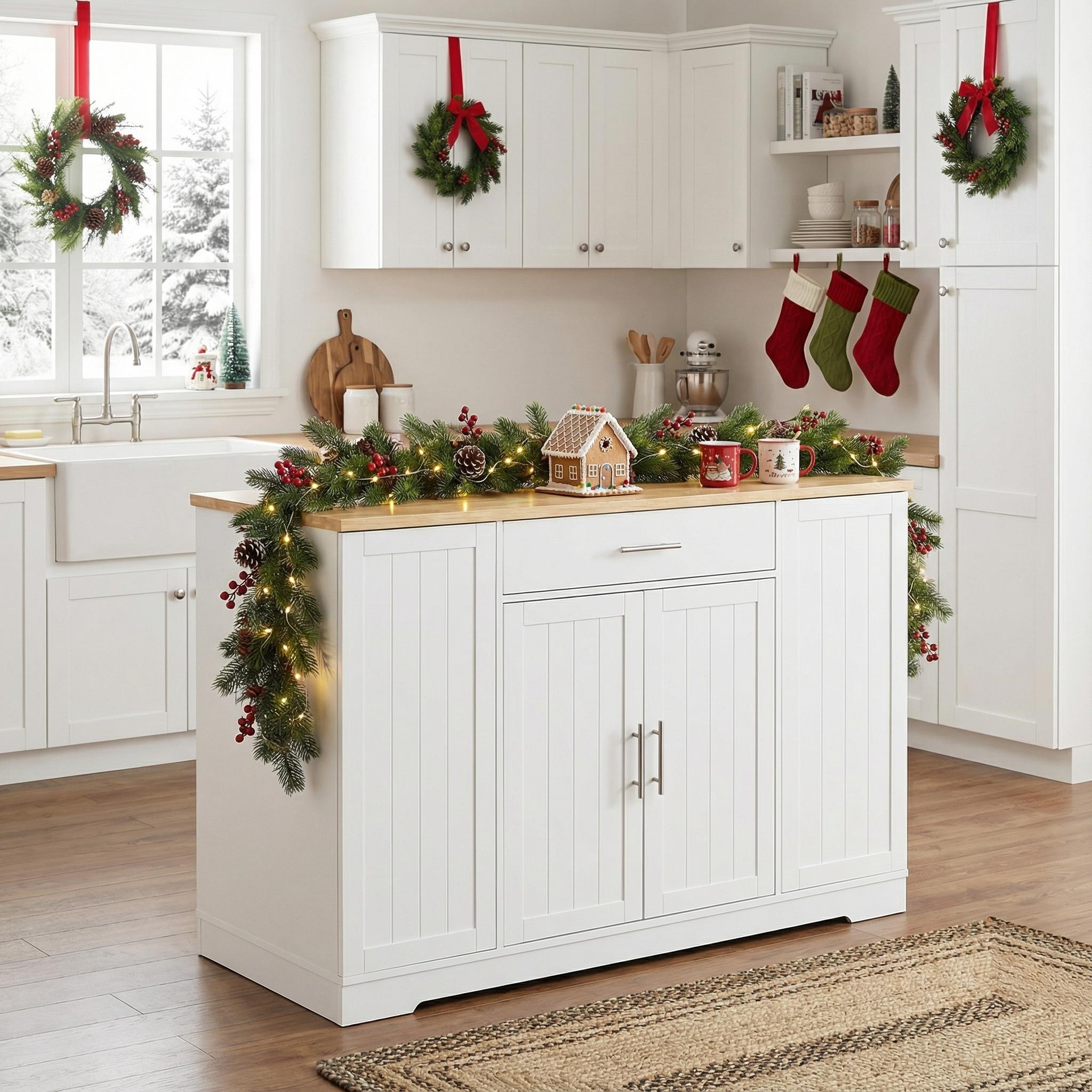 Mindanao 53" Kitchen Island with Wood Countertop and Hidden Trash Can Storage