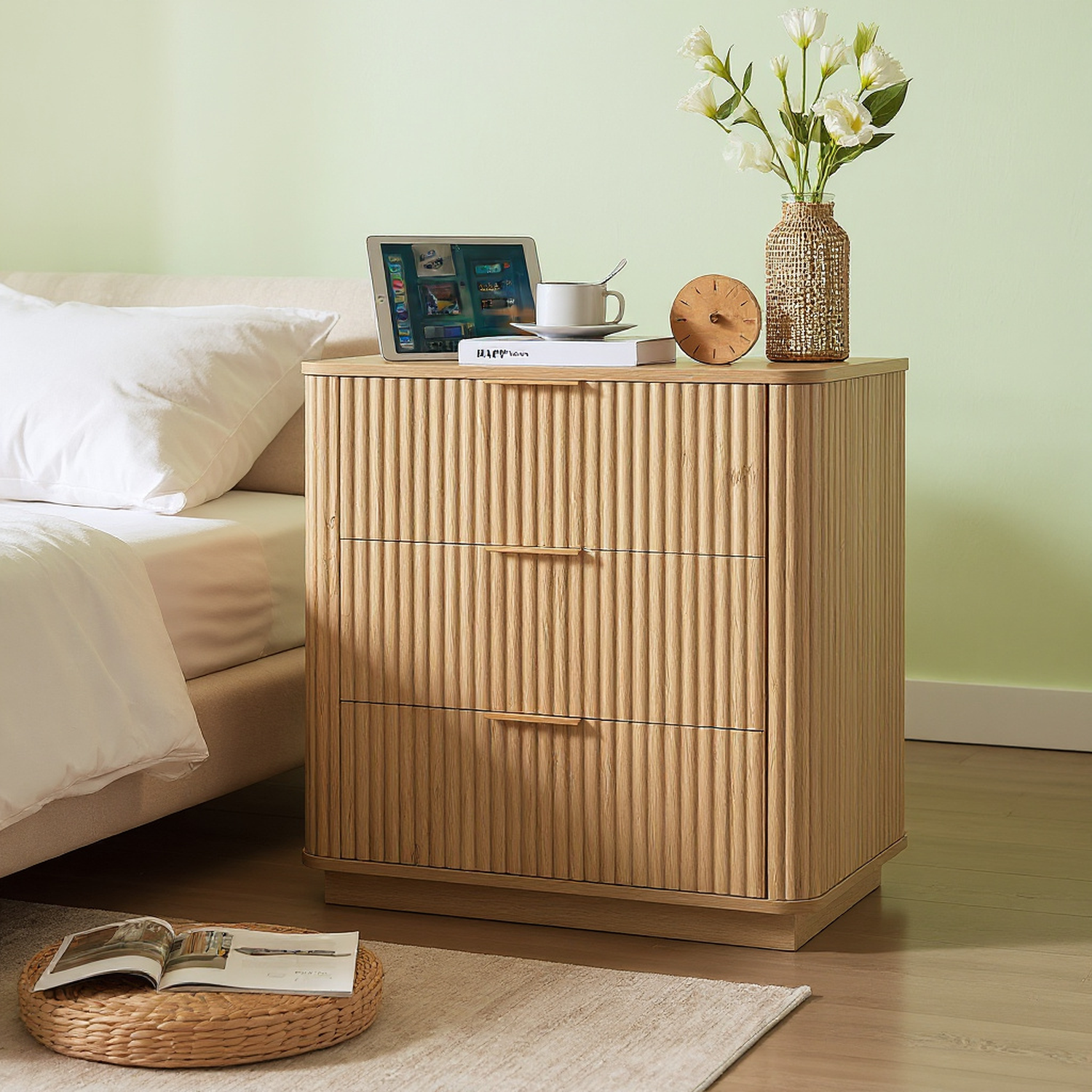 Roros 3 Drawers Wood Nightstand