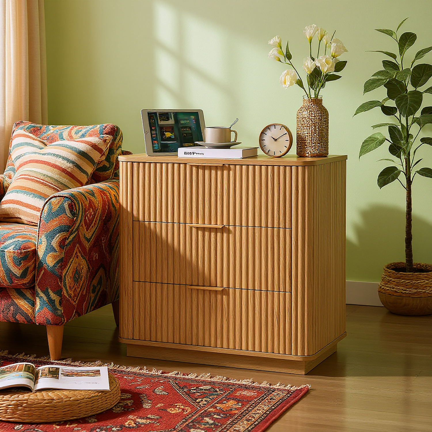 Roros 3 Drawers Wood Nightstand