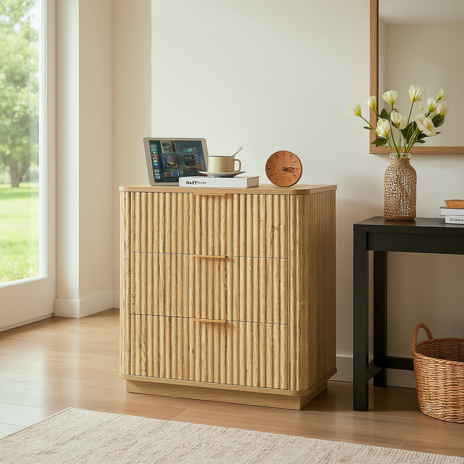 Roros 3 Drawers Wood Nightstand