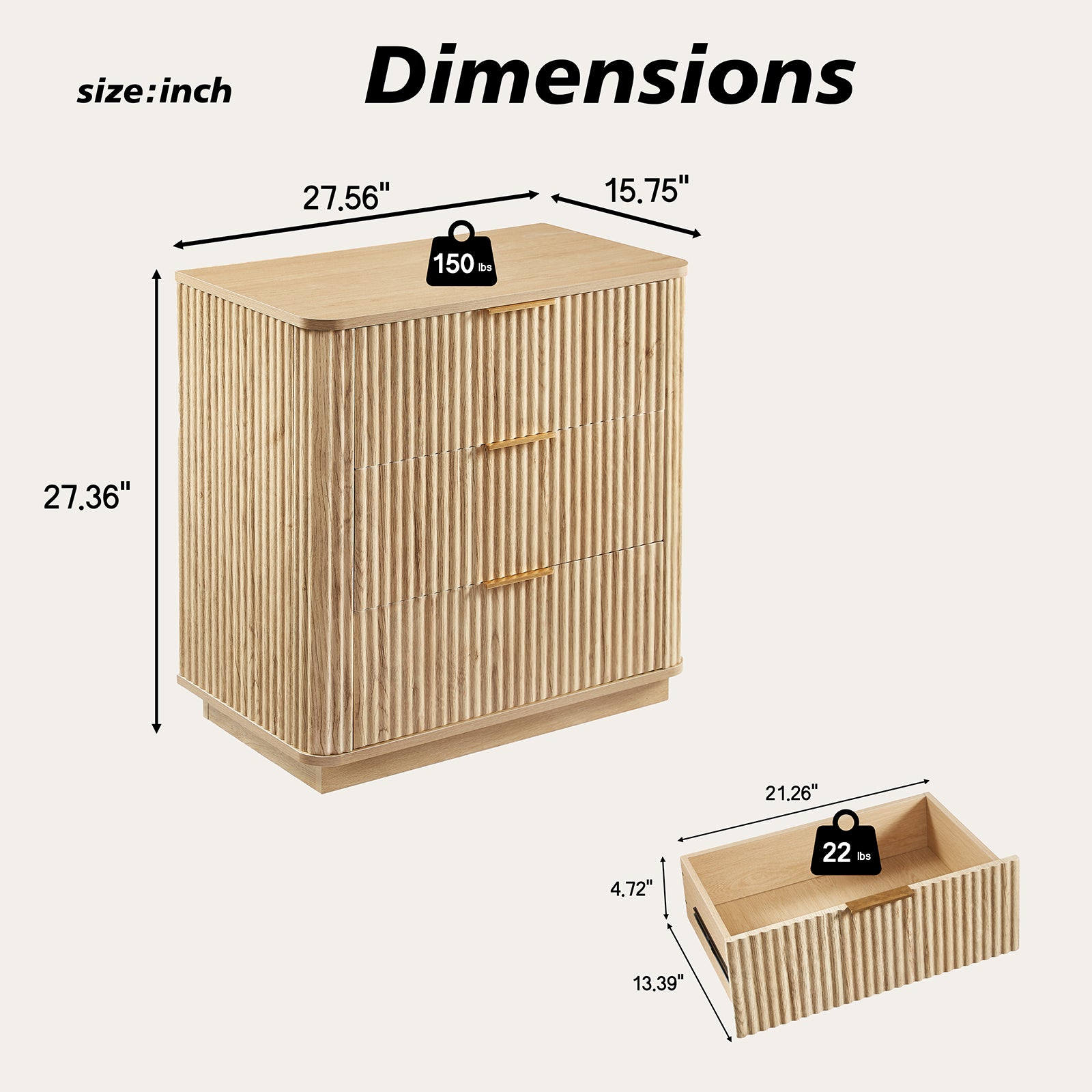 Roros 3 Drawers Wood Nightstand