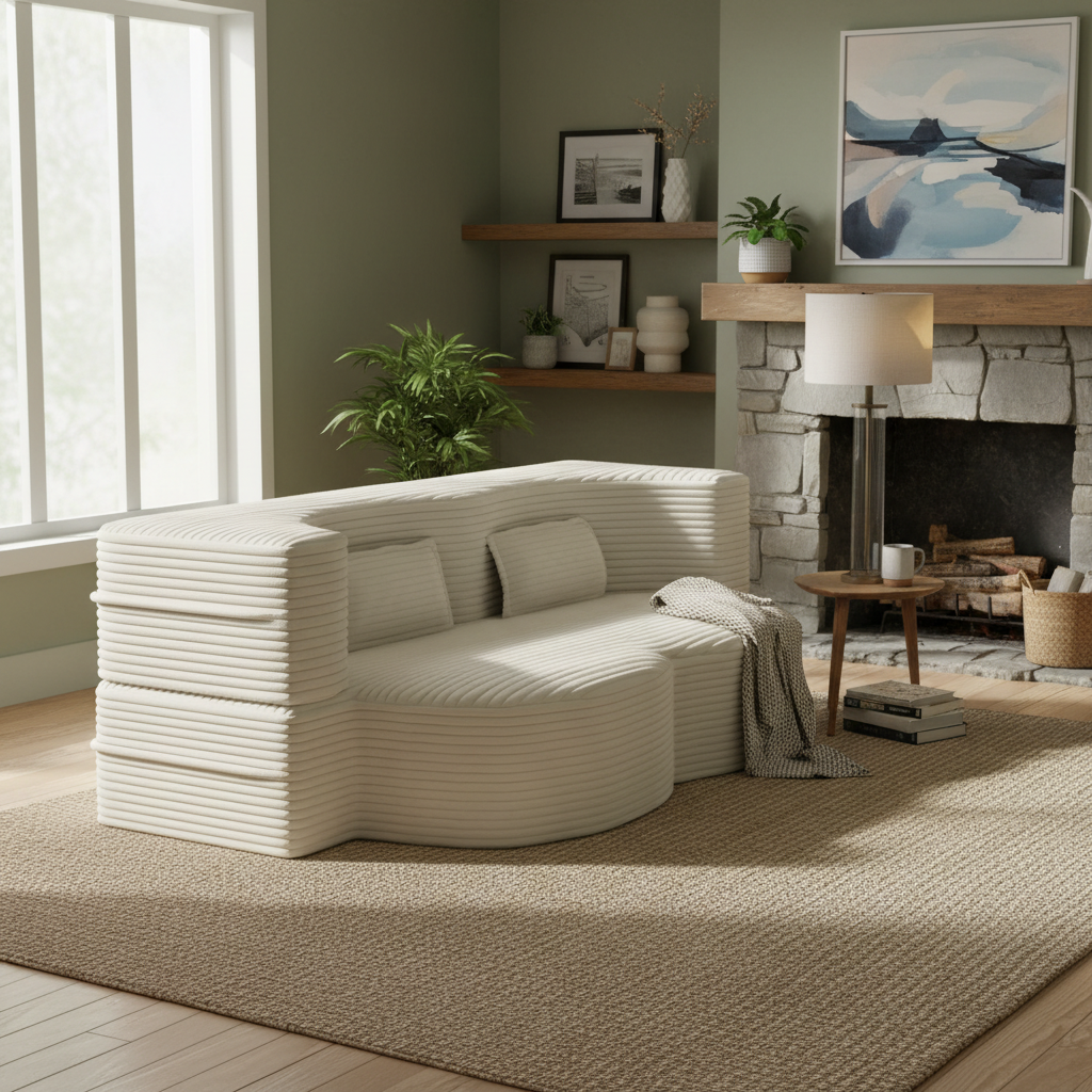 Greeley 78" Folding Corduroy Fabric Floor Sofa Bed with Full Size Mattress
