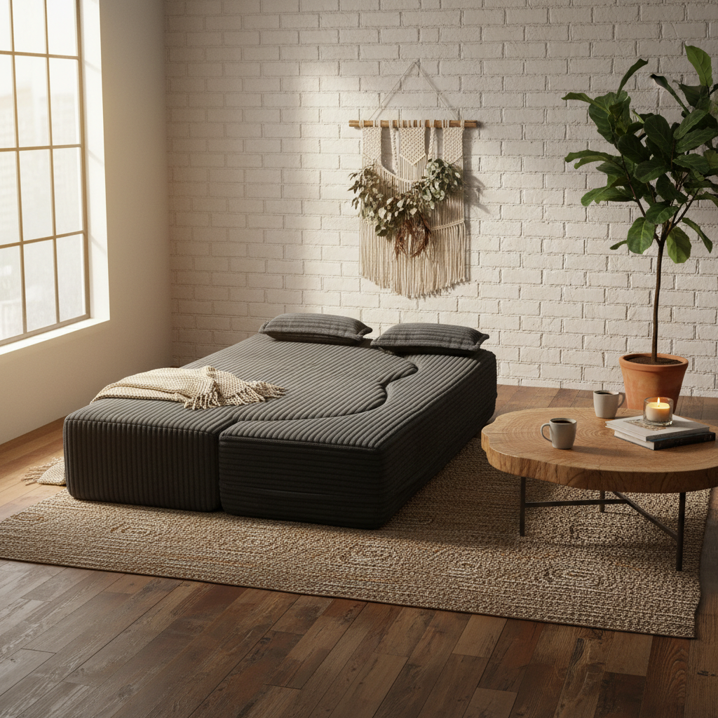 Greeley 78" Folding Corduroy Fabric Floor Sofa Bed with Full Size Mattress