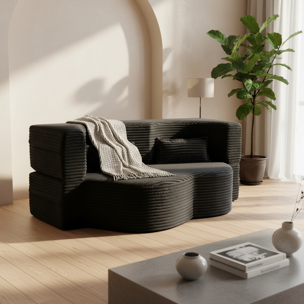 Greeley 78" Folding Corduroy Fabric Floor Sofa Bed with Full Size Mattress