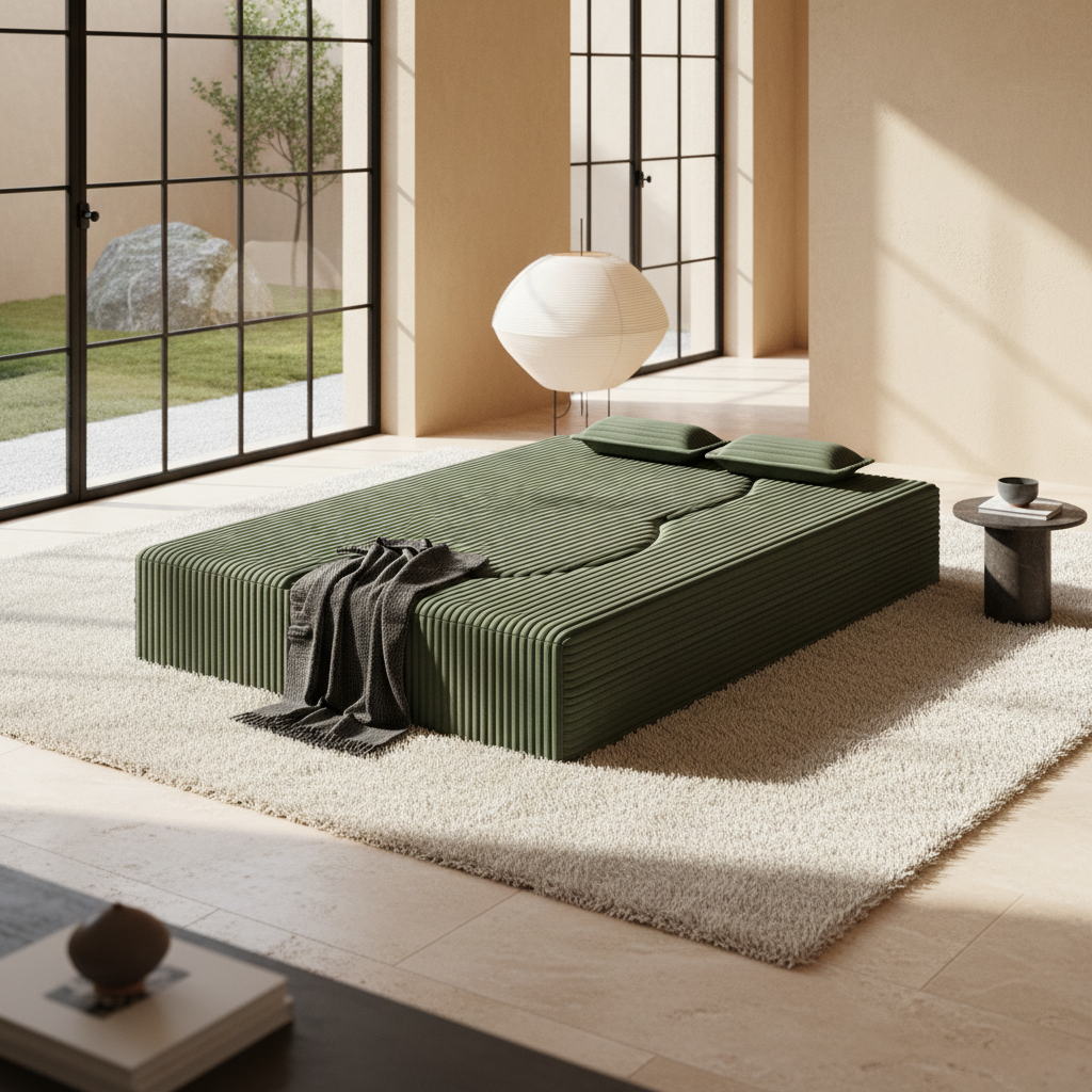 Greeley 78" Folding Corduroy Fabric Floor Sofa Bed with Full Size Mattress